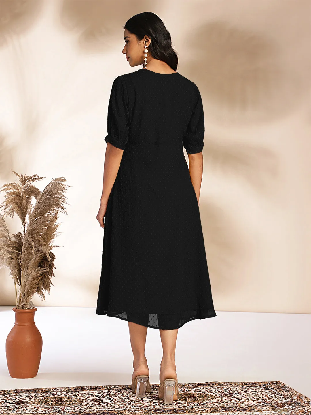 Women Dobby Chiffon Black Dress