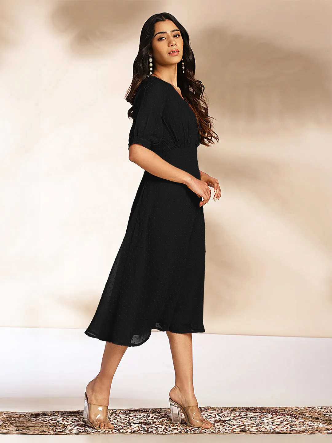 Women Dobby Chiffon Black Dress