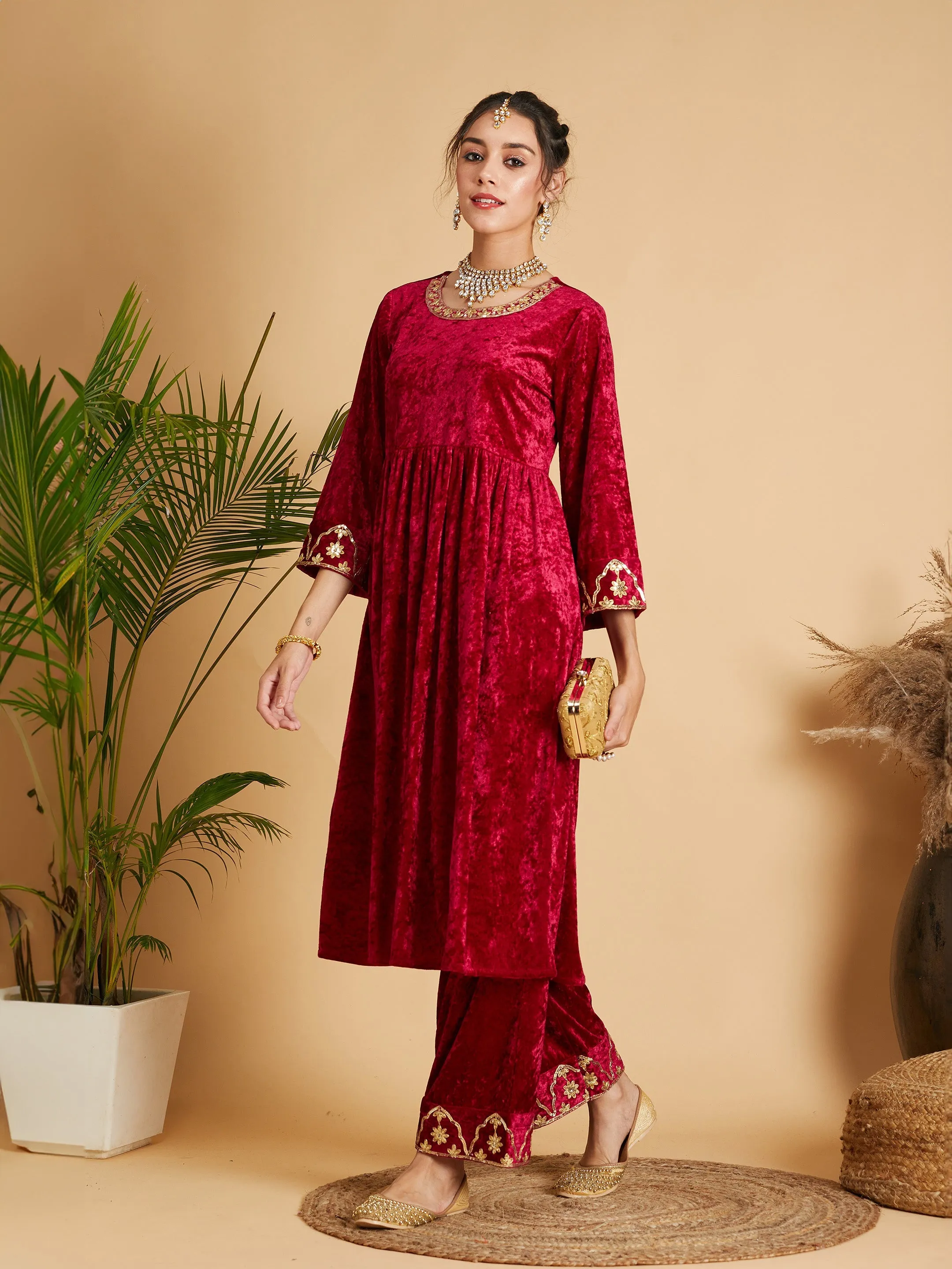 Women Fuchsia Velvet Embroidered Dress With Pants