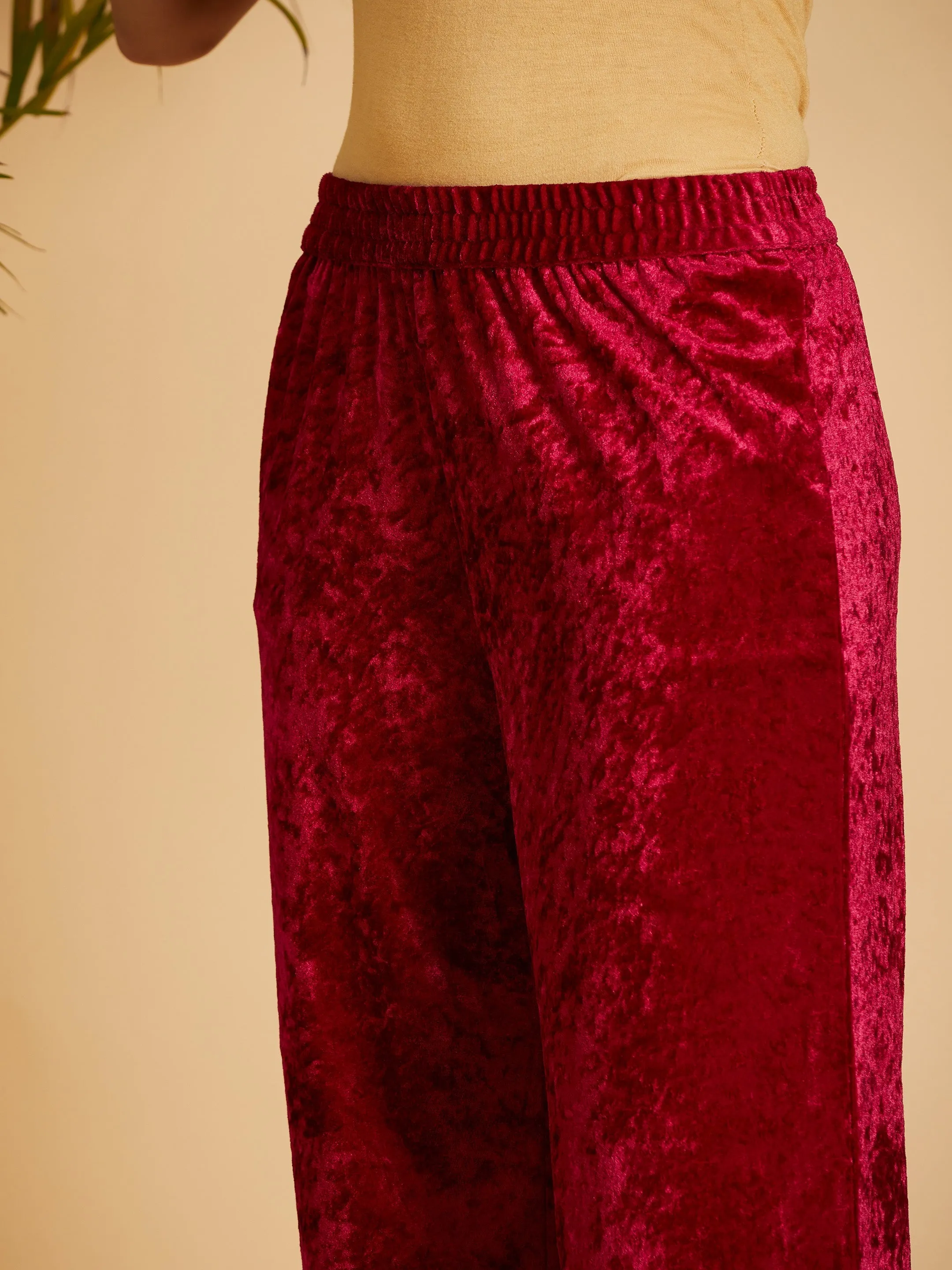 Women Fuchsia Velvet Embroidered Dress With Pants