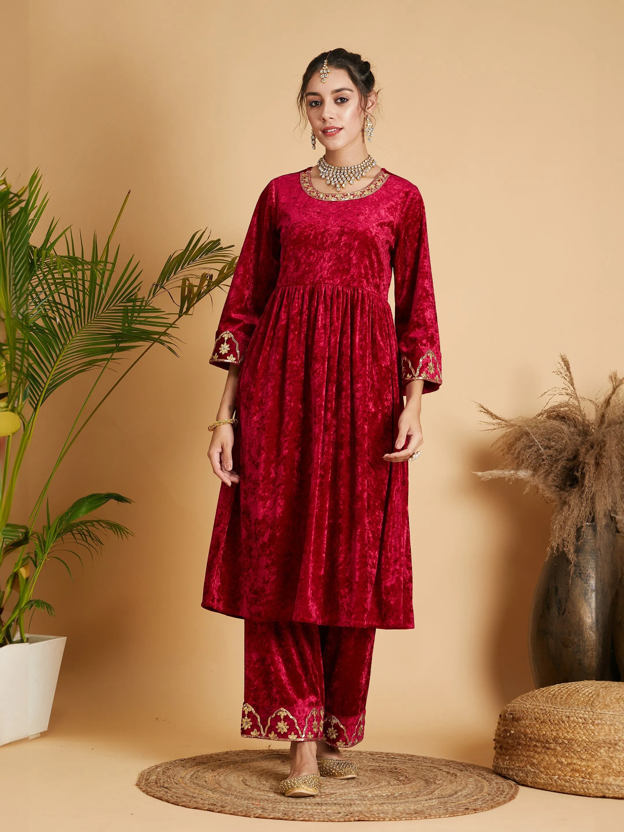 Women Fuchsia Velvet Embroidered Dress With Pants