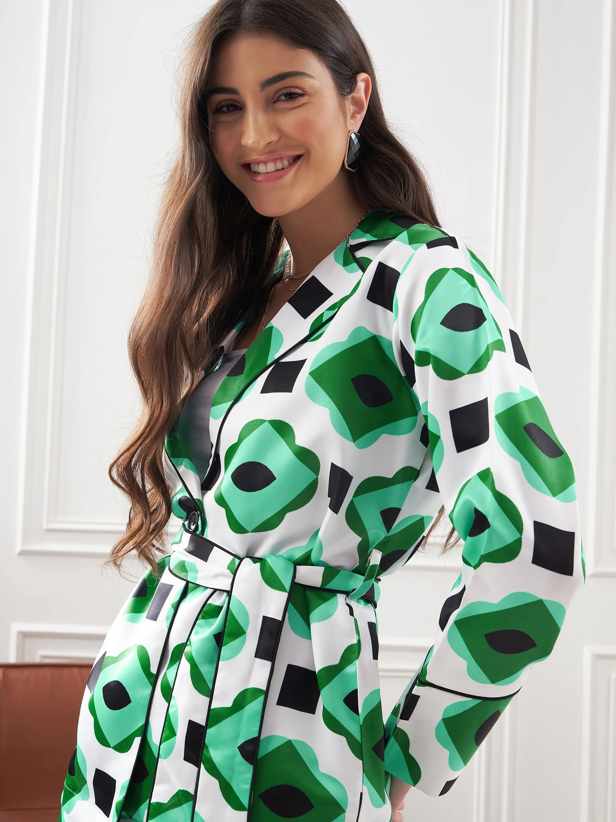 Women Green & White Satin Belted Shirt With Lounge Pants