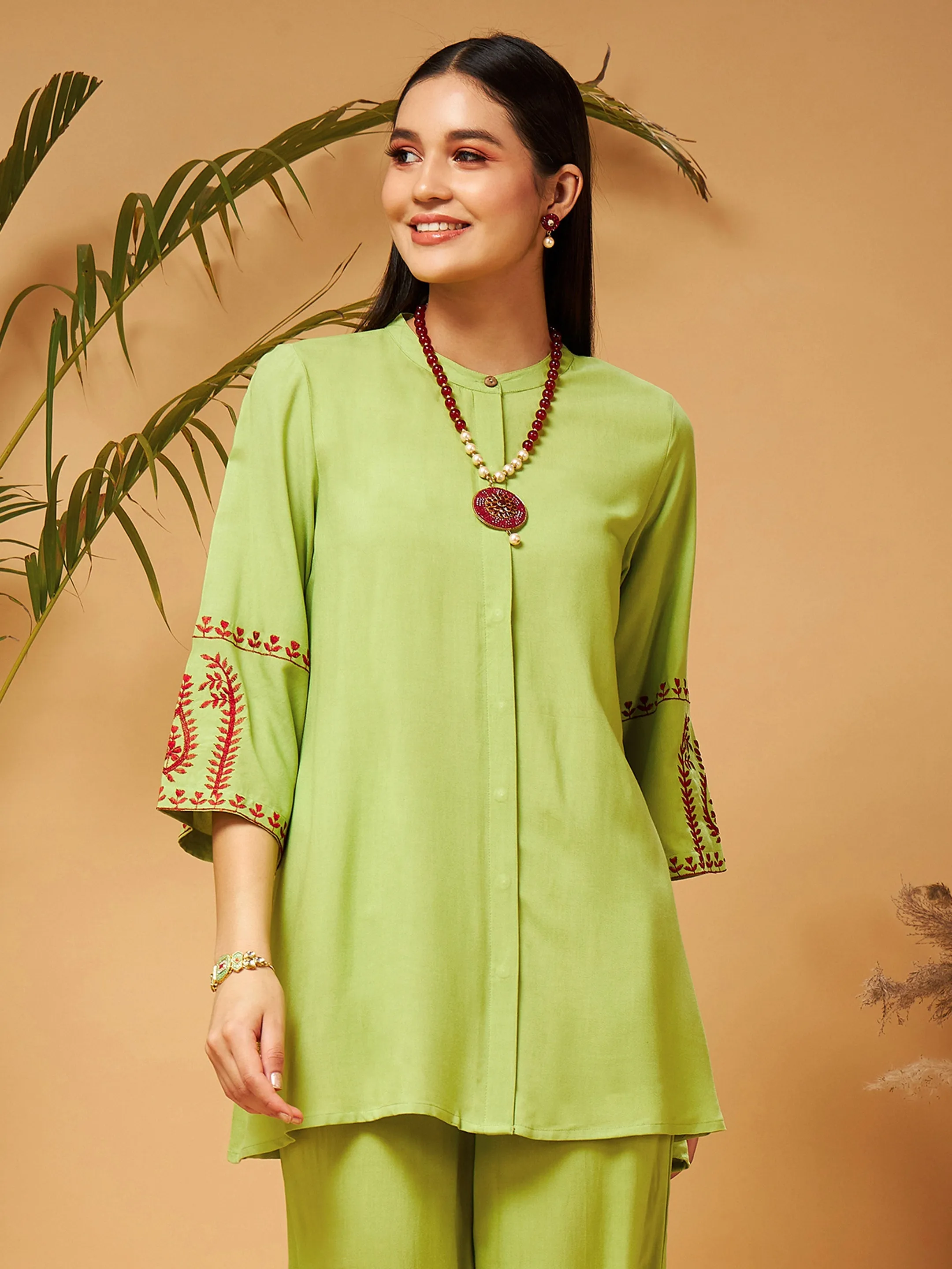 Women Green Embroidered Top With Palazzos