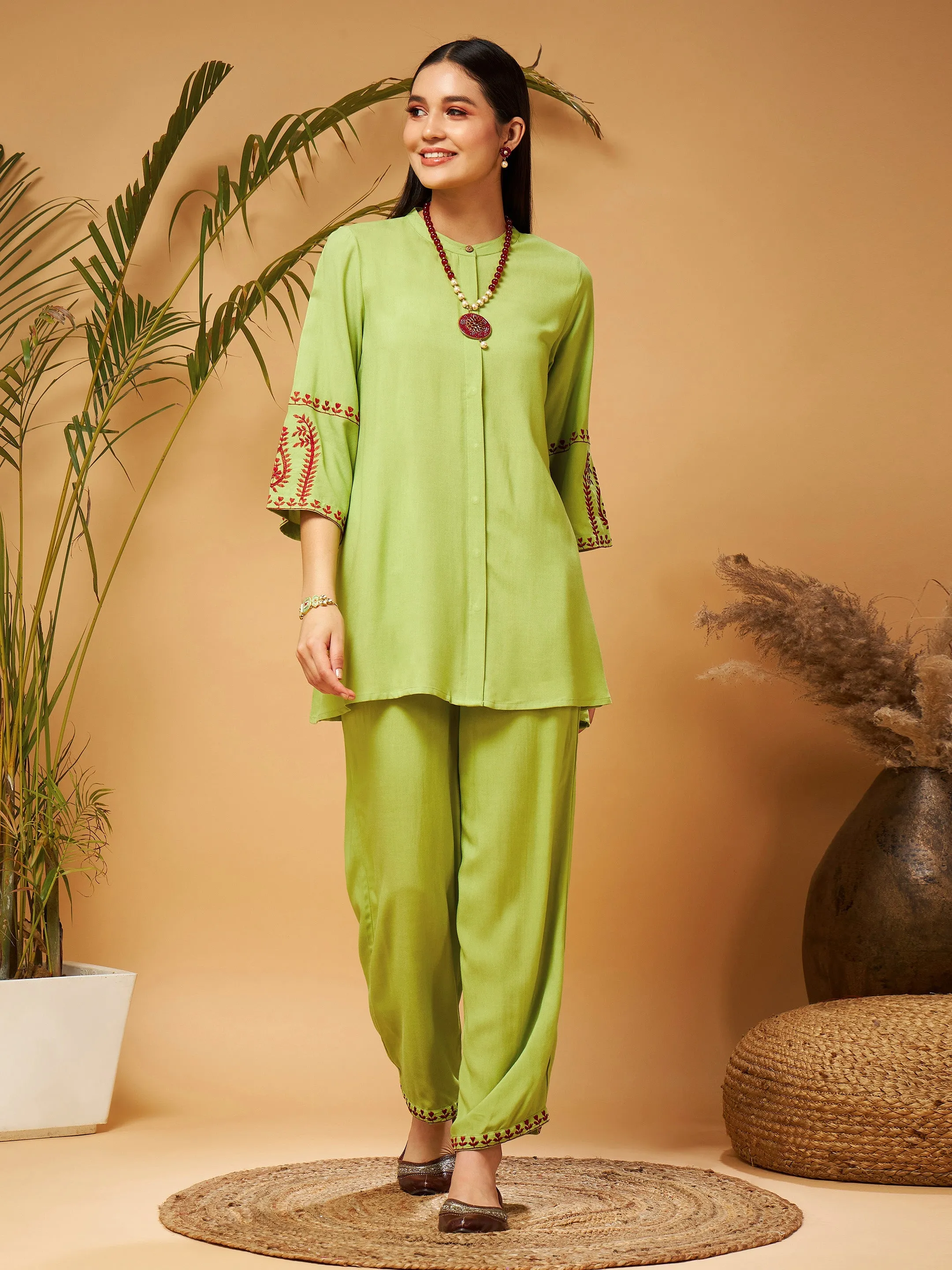 Women Green Embroidered Top With Palazzos