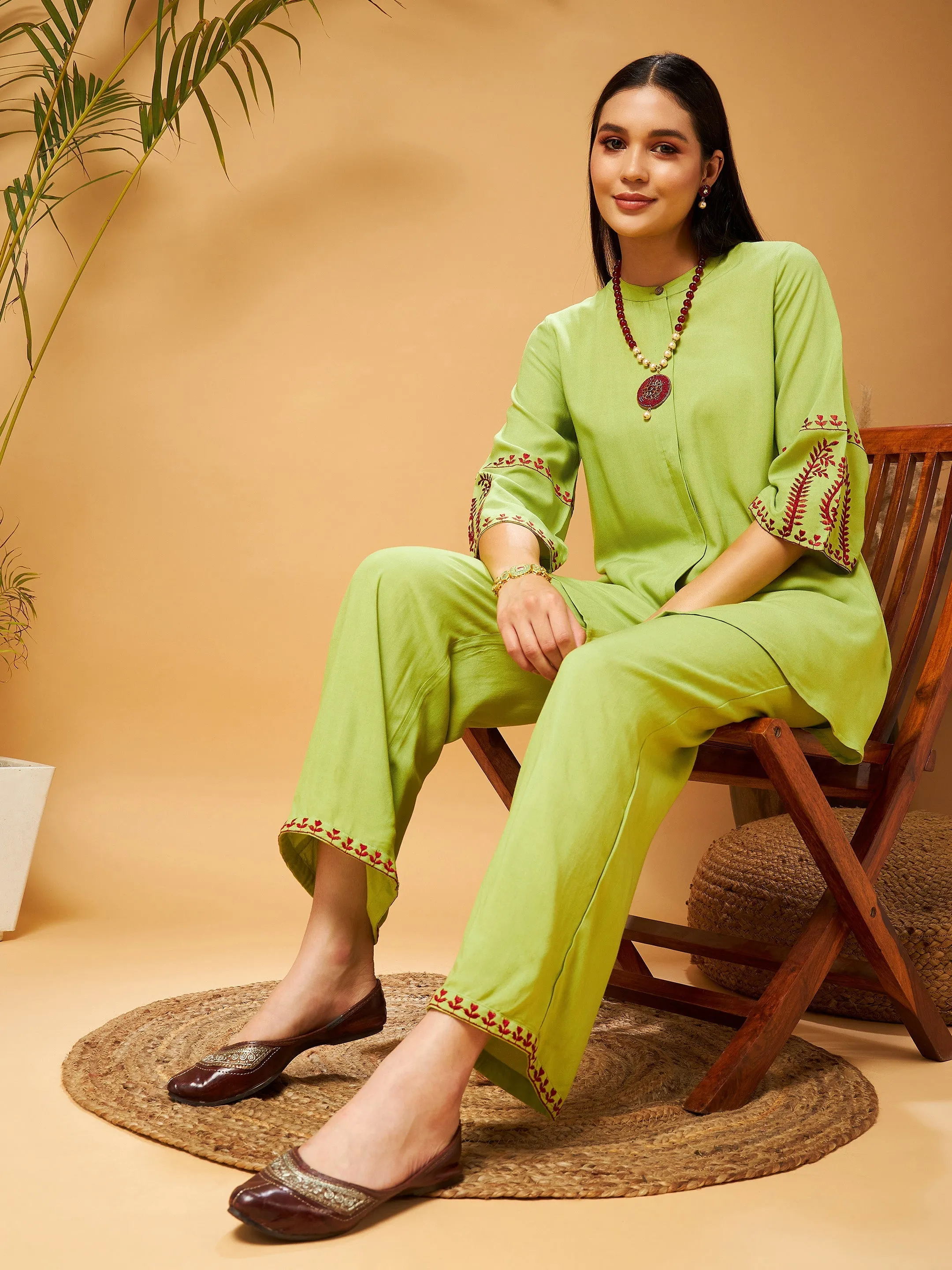 Women Green Embroidered Top With Palazzos