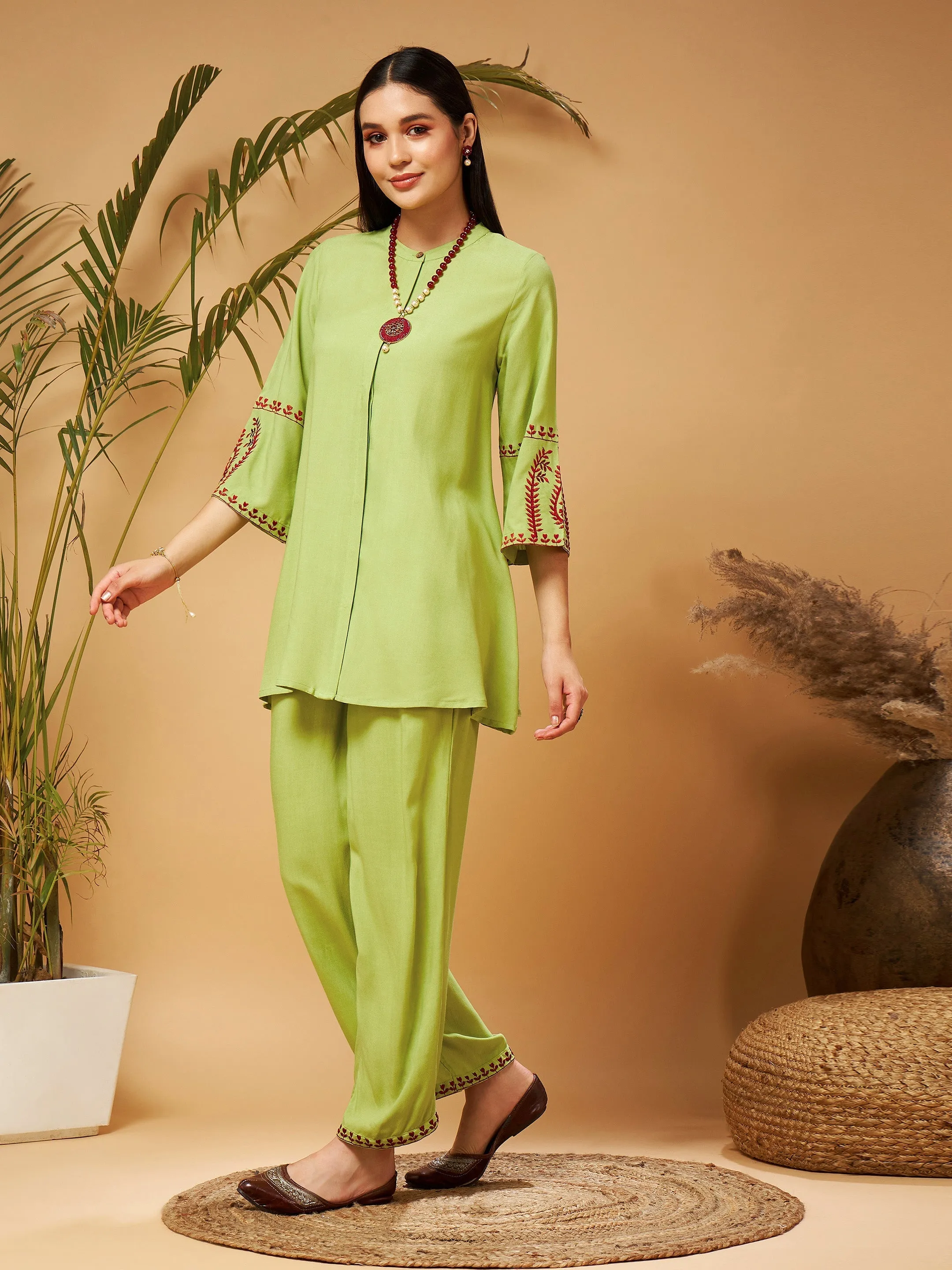 Women Green Embroidered Top With Palazzos