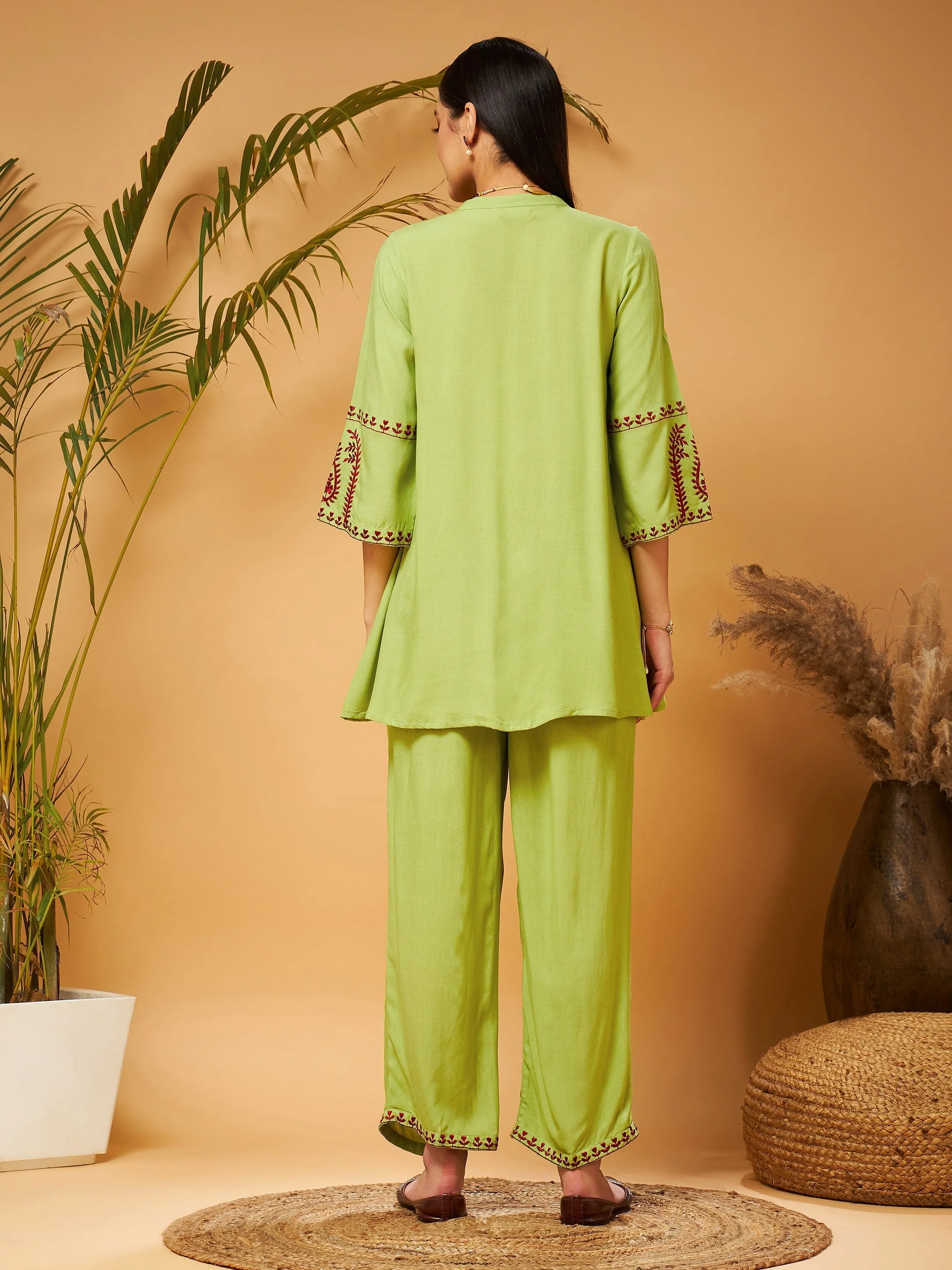 Women Green Embroidered Top With Palazzos