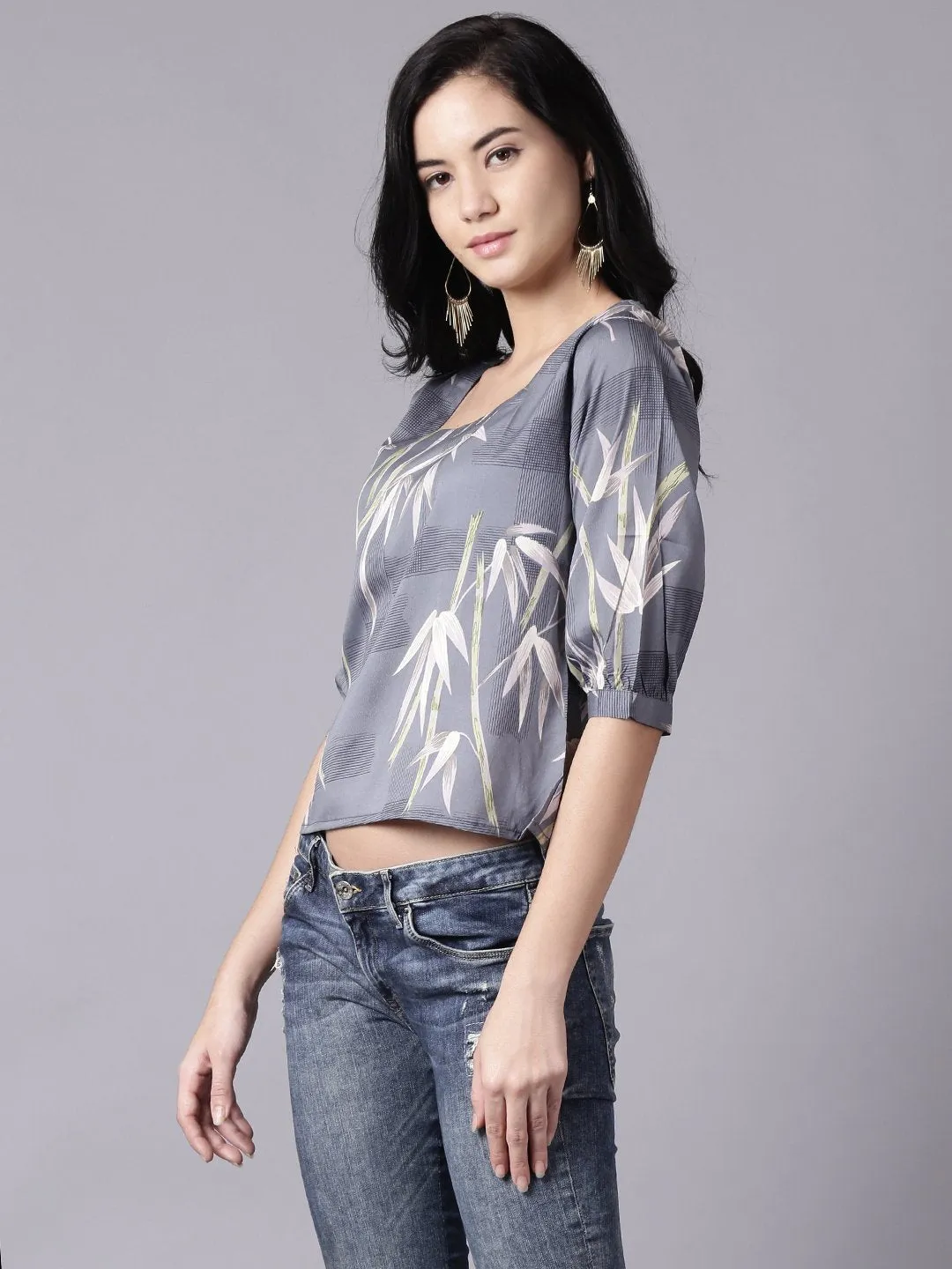 Women Grey Casual Printed Square Neck Top