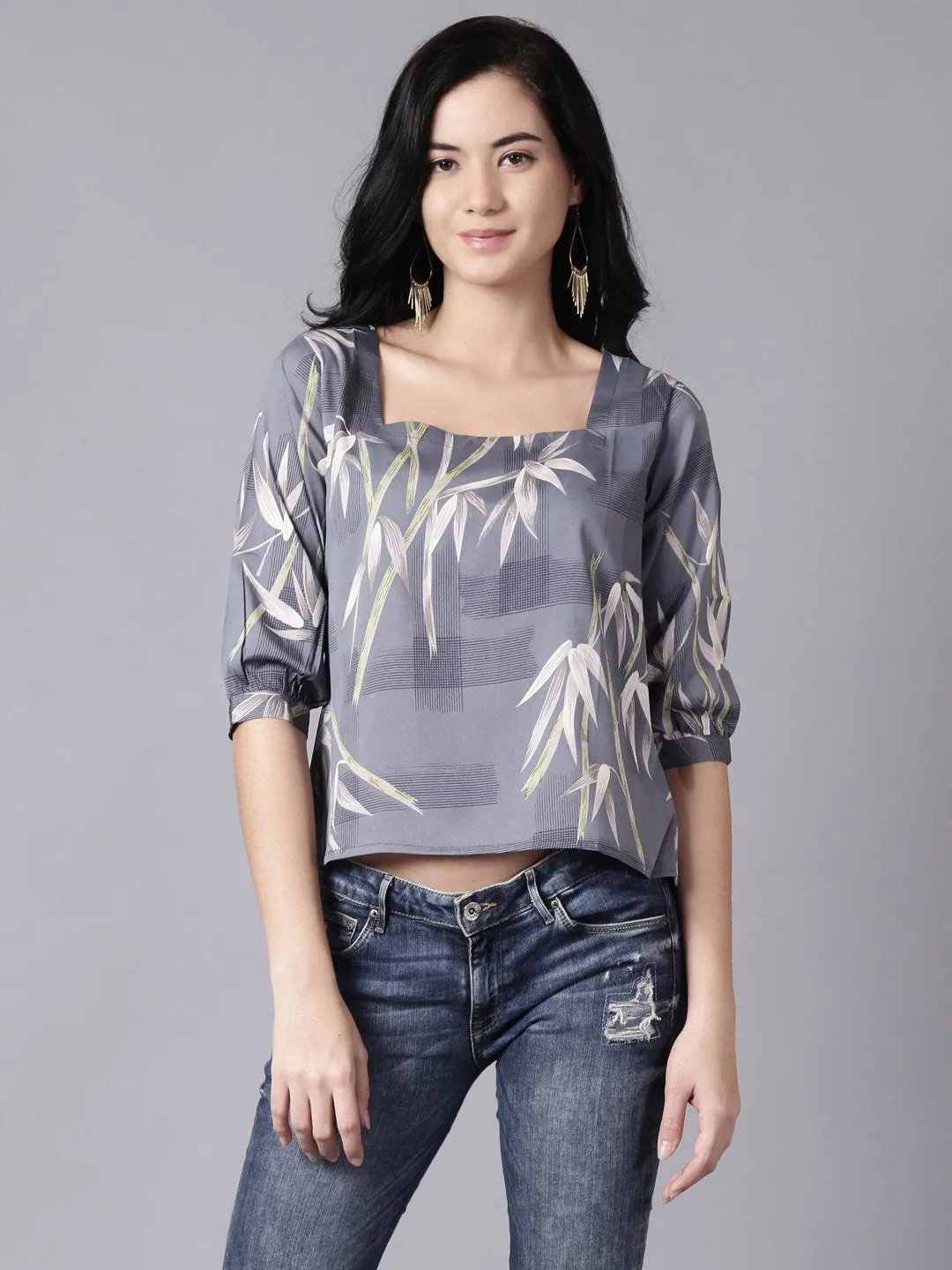 Women Grey Casual Printed Square Neck Top