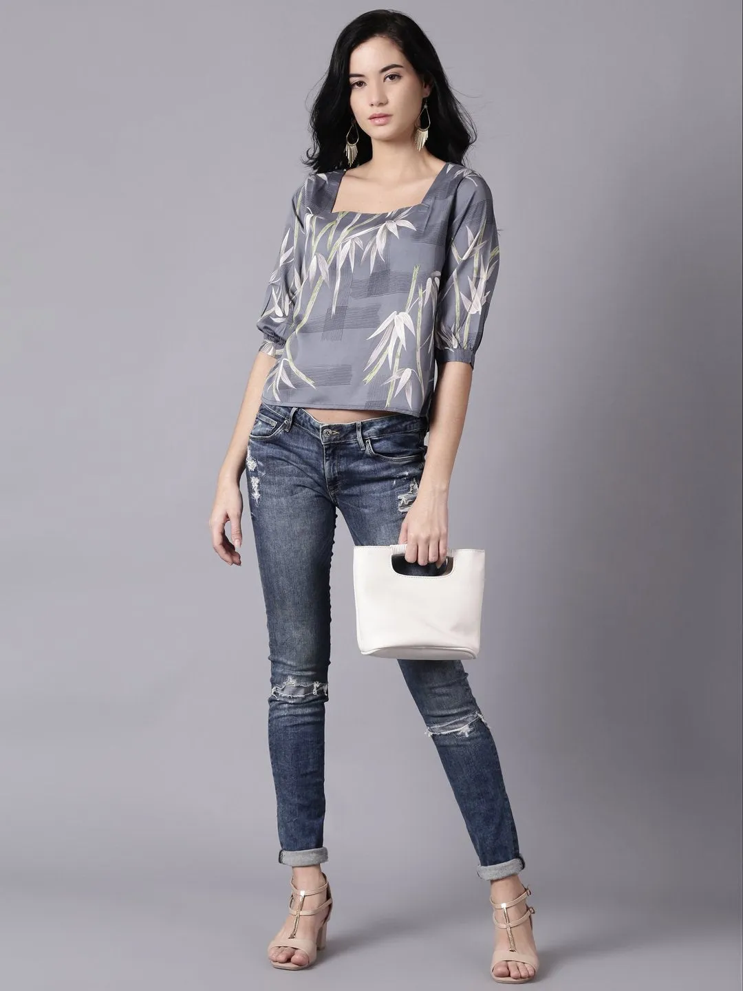 Women Grey Casual Printed Square Neck Top