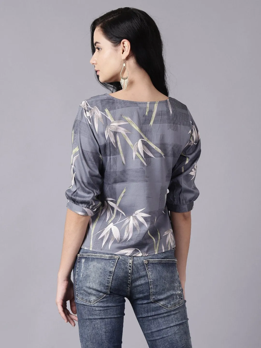 Women Grey Casual Printed Square Neck Top