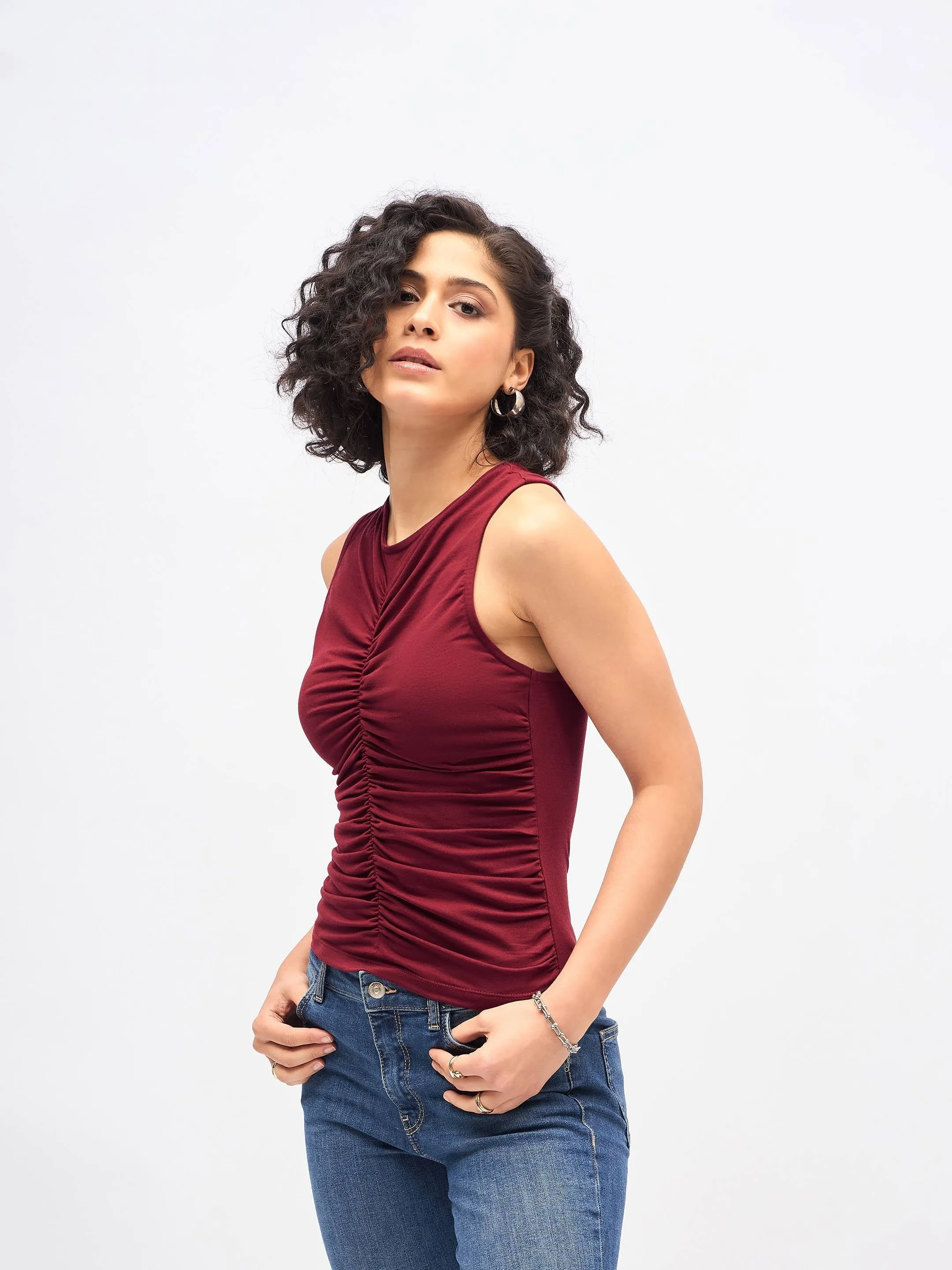 Women Maroon Box Back Front Ruched Top