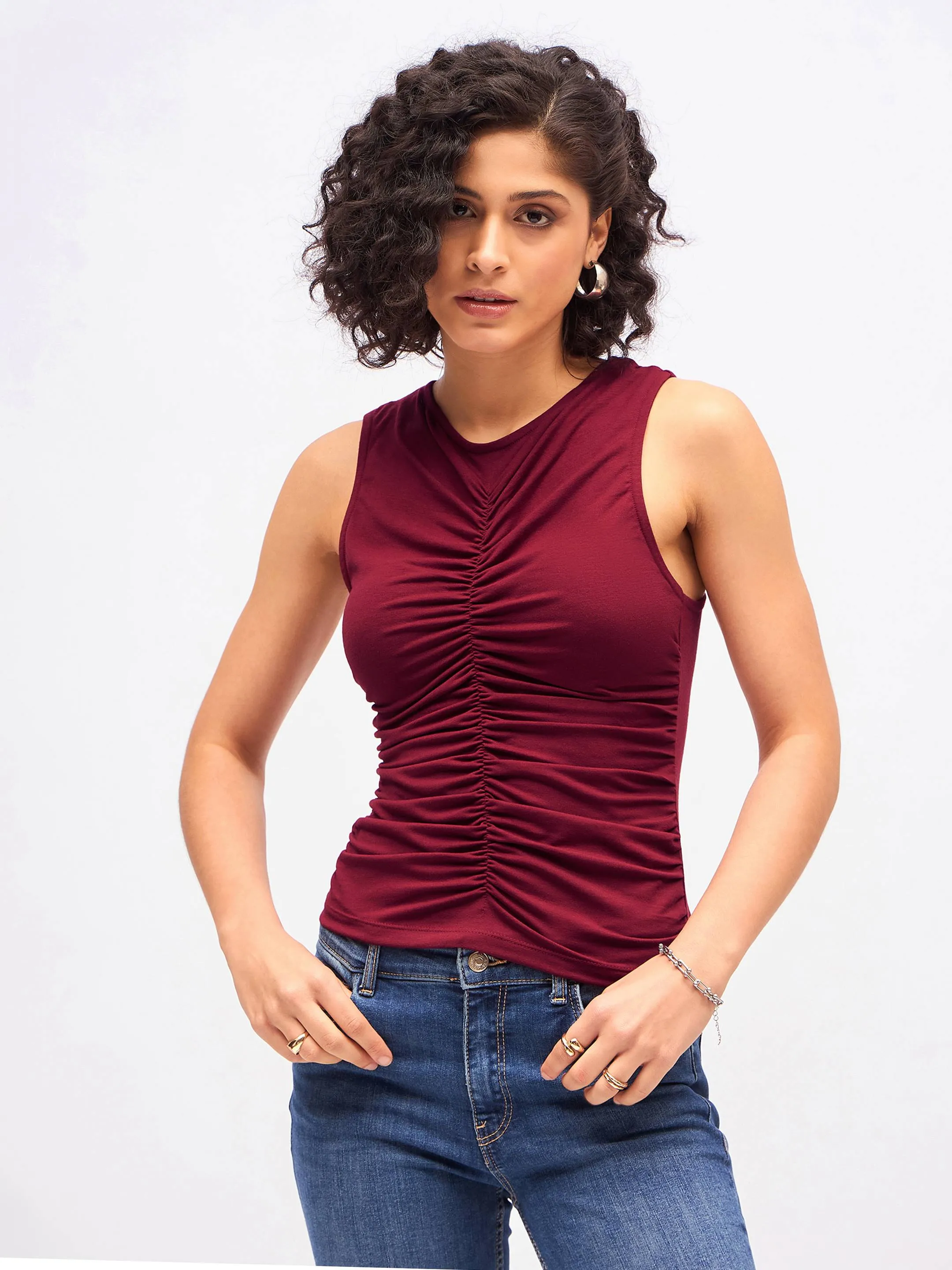 Women Maroon Box Back Front Ruched Top