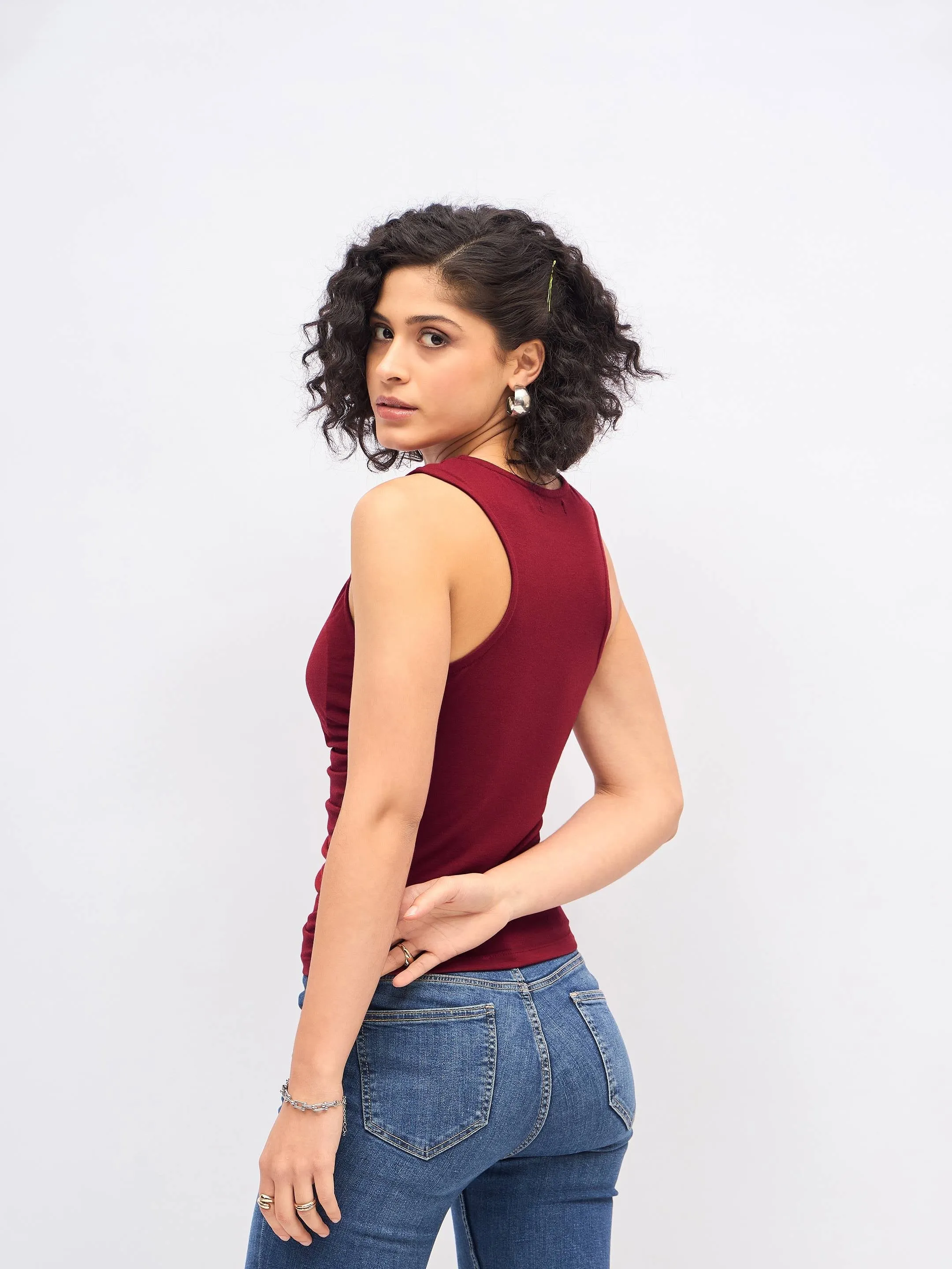 Women Maroon Box Back Front Ruched Top