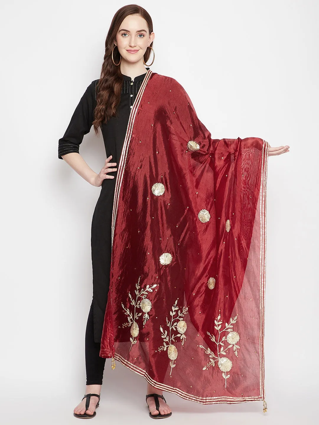 Women Maroon Gotta Patti Silk Blend Dupatta