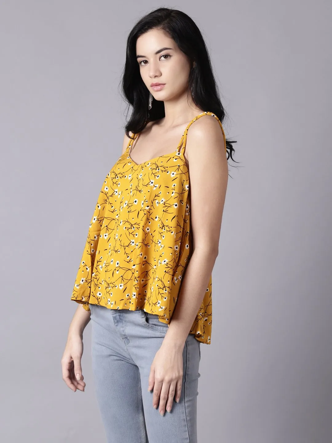 Women Mustard Yellow Casual Printed Shoulder Straps Top