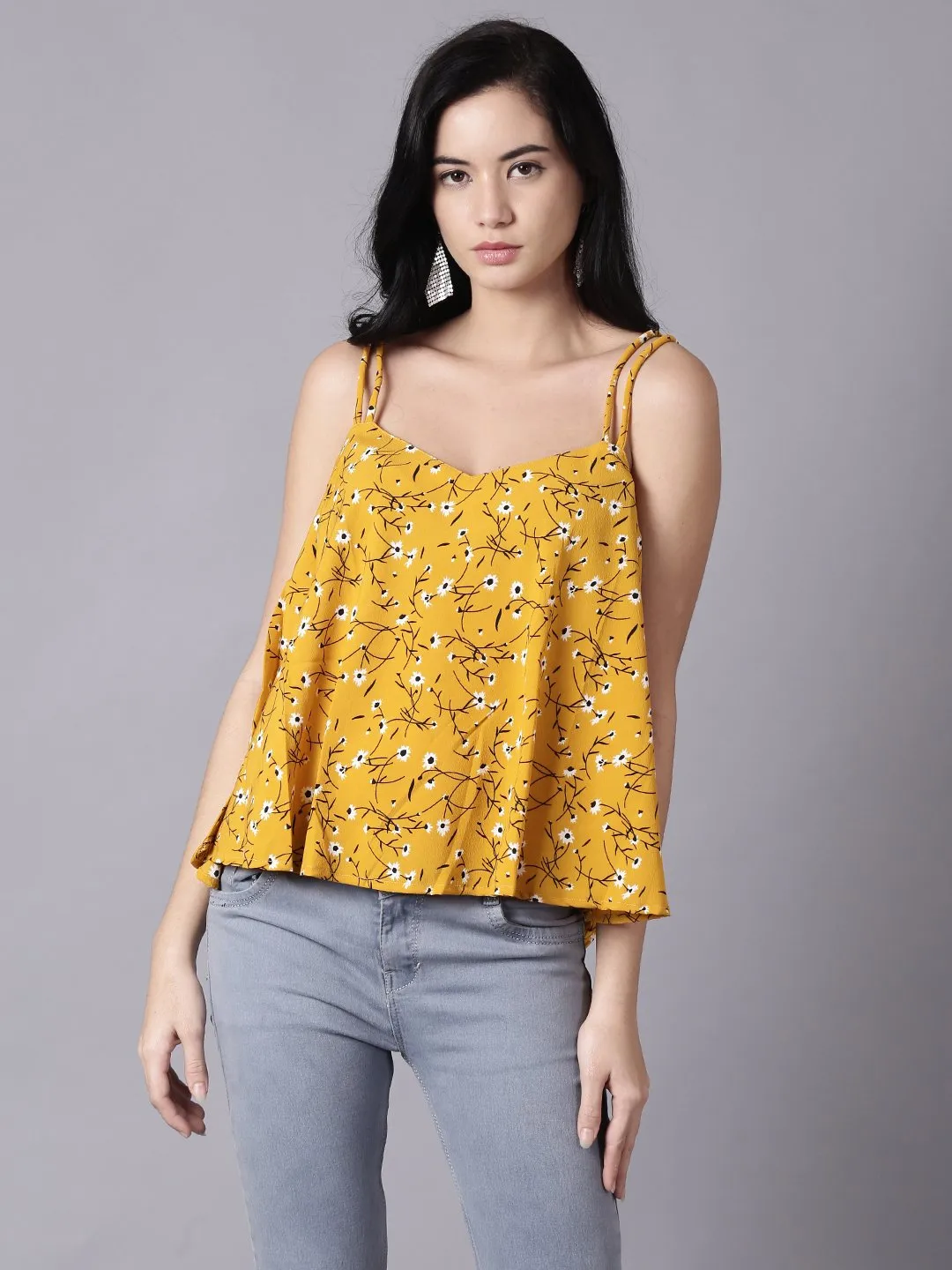 Women Mustard Yellow Casual Printed Shoulder Straps Top