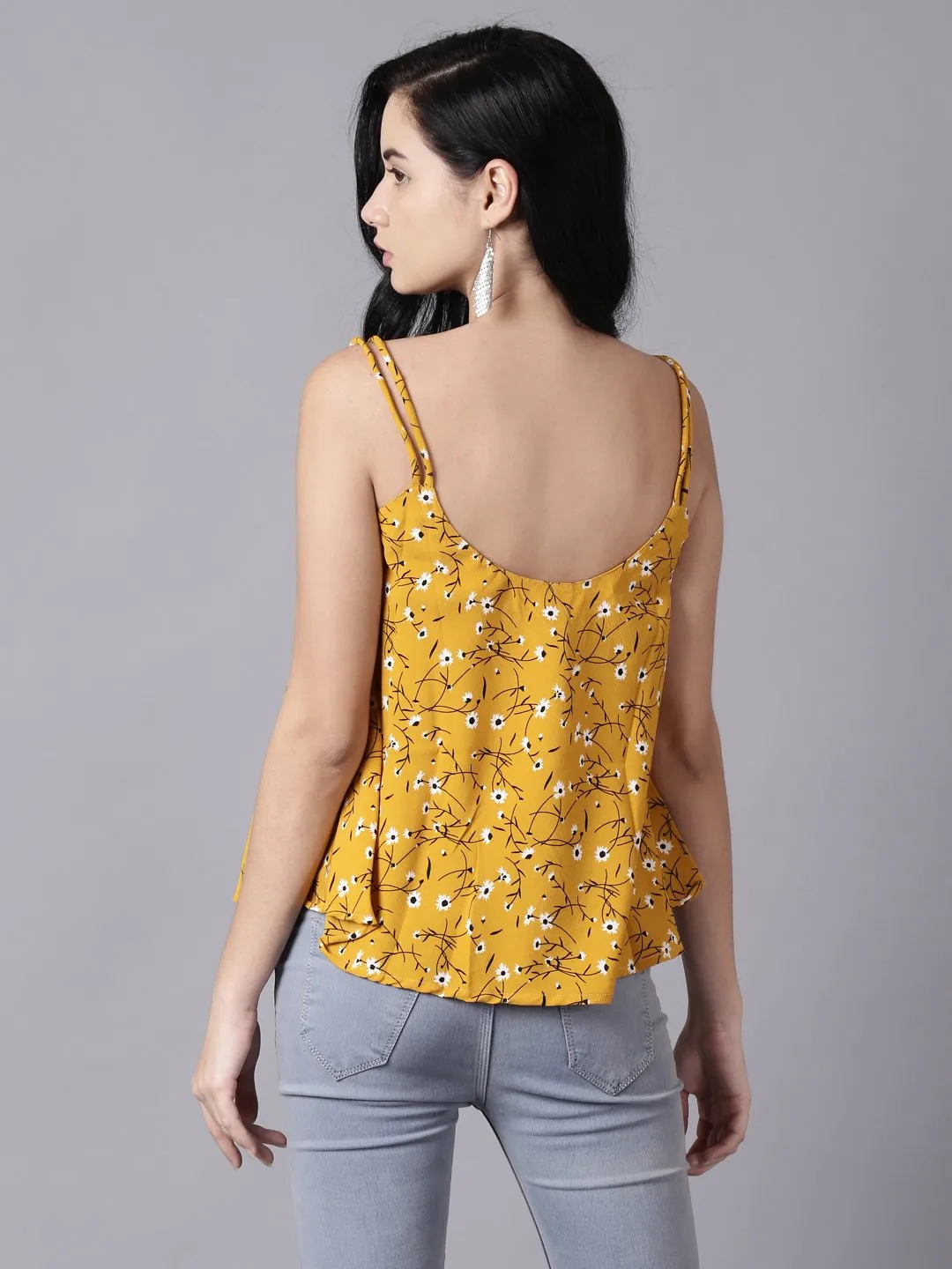 Women Mustard Yellow Casual Printed Shoulder Straps Top