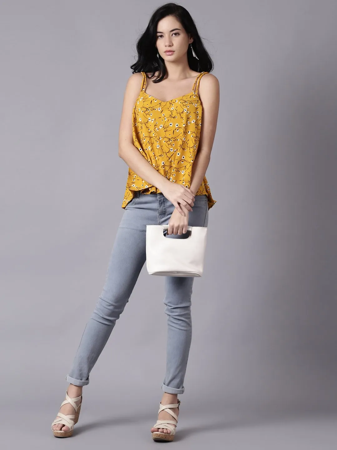 Women Mustard Yellow Casual Printed Shoulder Straps Top