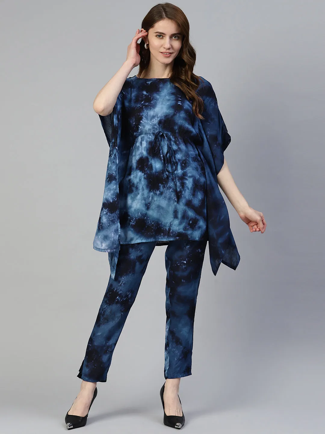 Women Navy Blue Tie Dye Printed Rayon Kaftan Tunic With Trousers