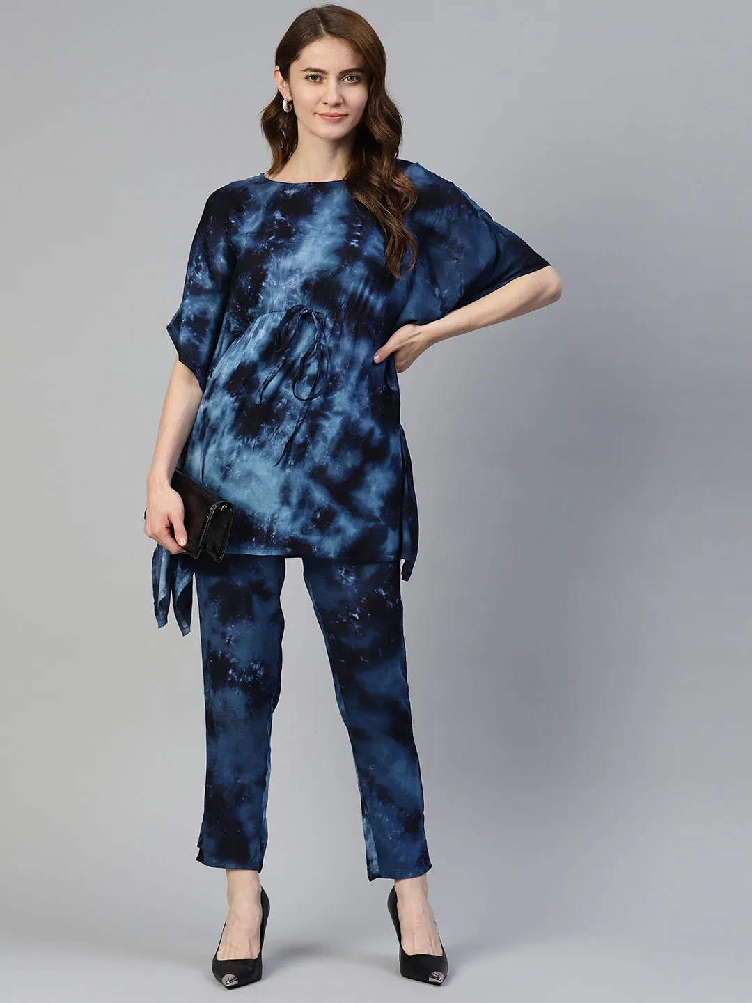 Women Navy Blue Tie Dye Printed Rayon Kaftan Tunic With Trousers