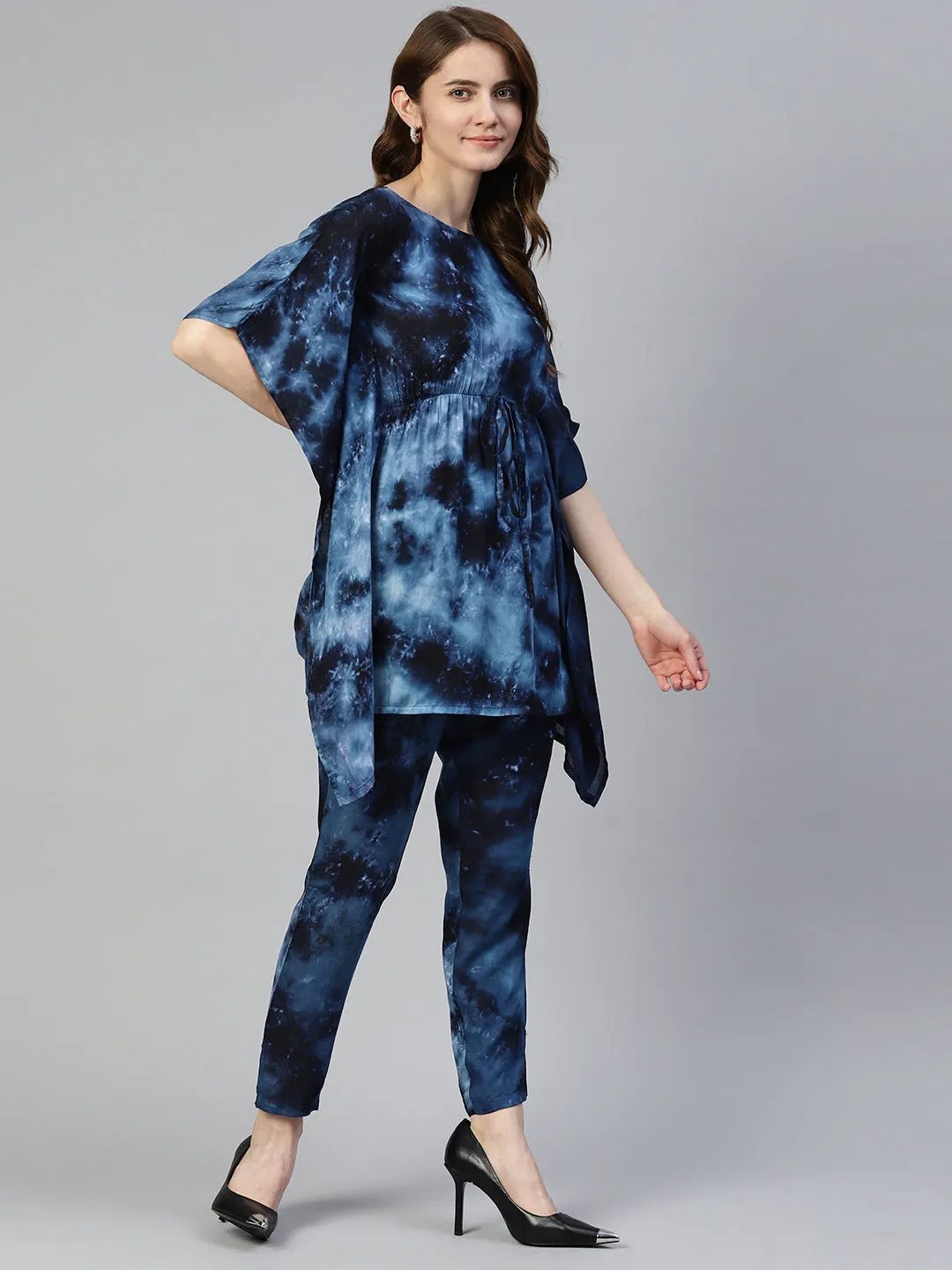 Women Navy Blue Tie Dye Printed Rayon Kaftan Tunic With Trousers