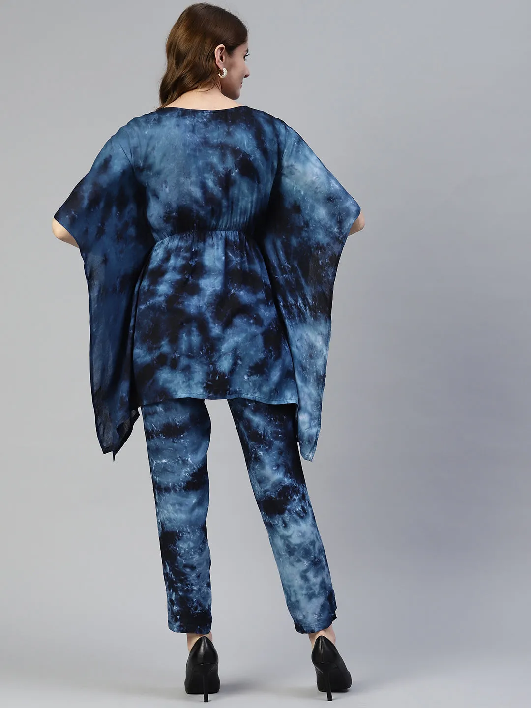 Women Navy Blue Tie Dye Printed Rayon Kaftan Tunic With Trousers