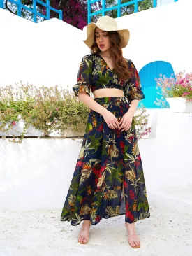 Women Navy Floral Wrap Crop Top With Maxi Skirt