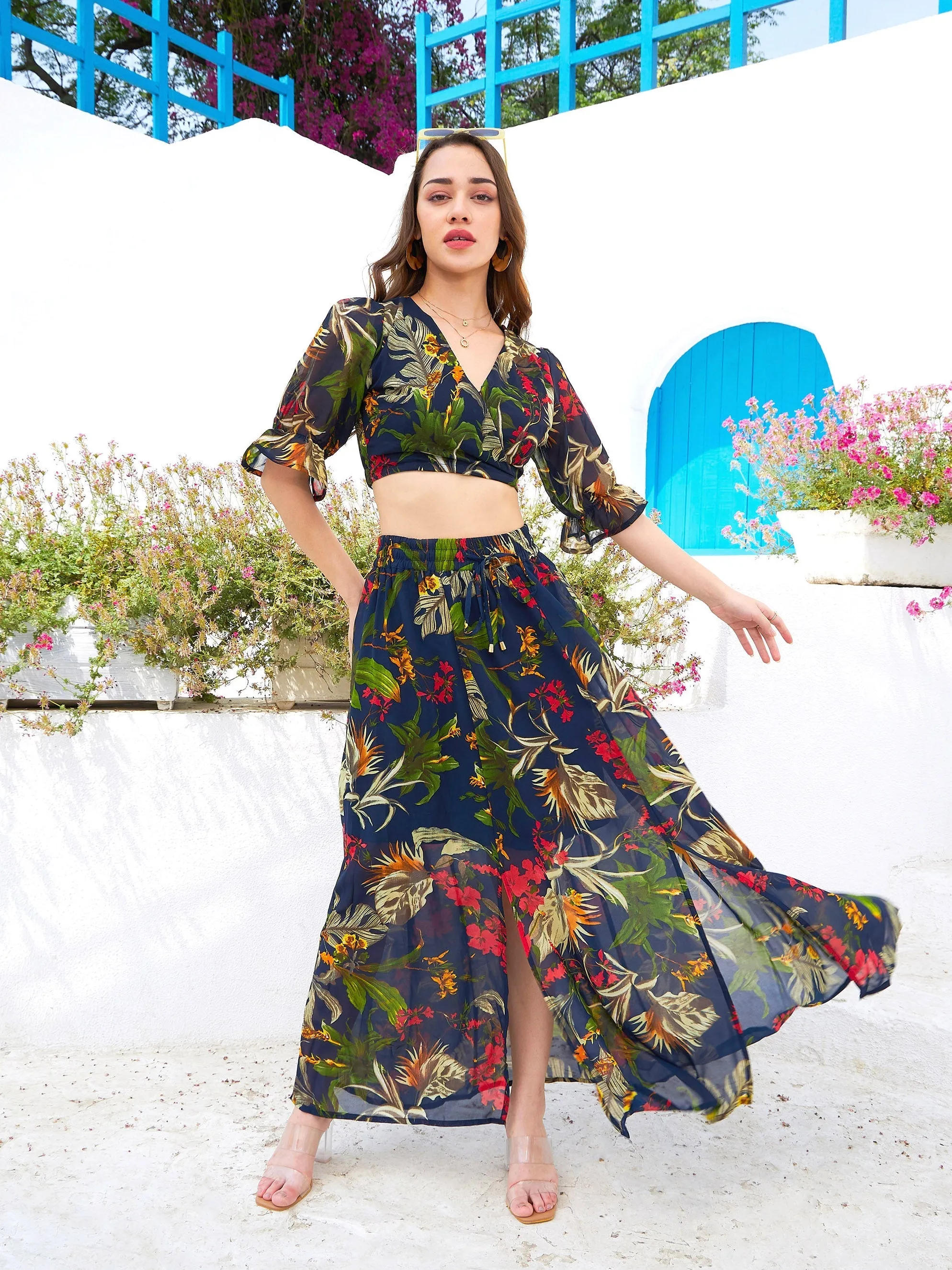 Women Navy Floral Wrap Crop Top With Maxi Skirt