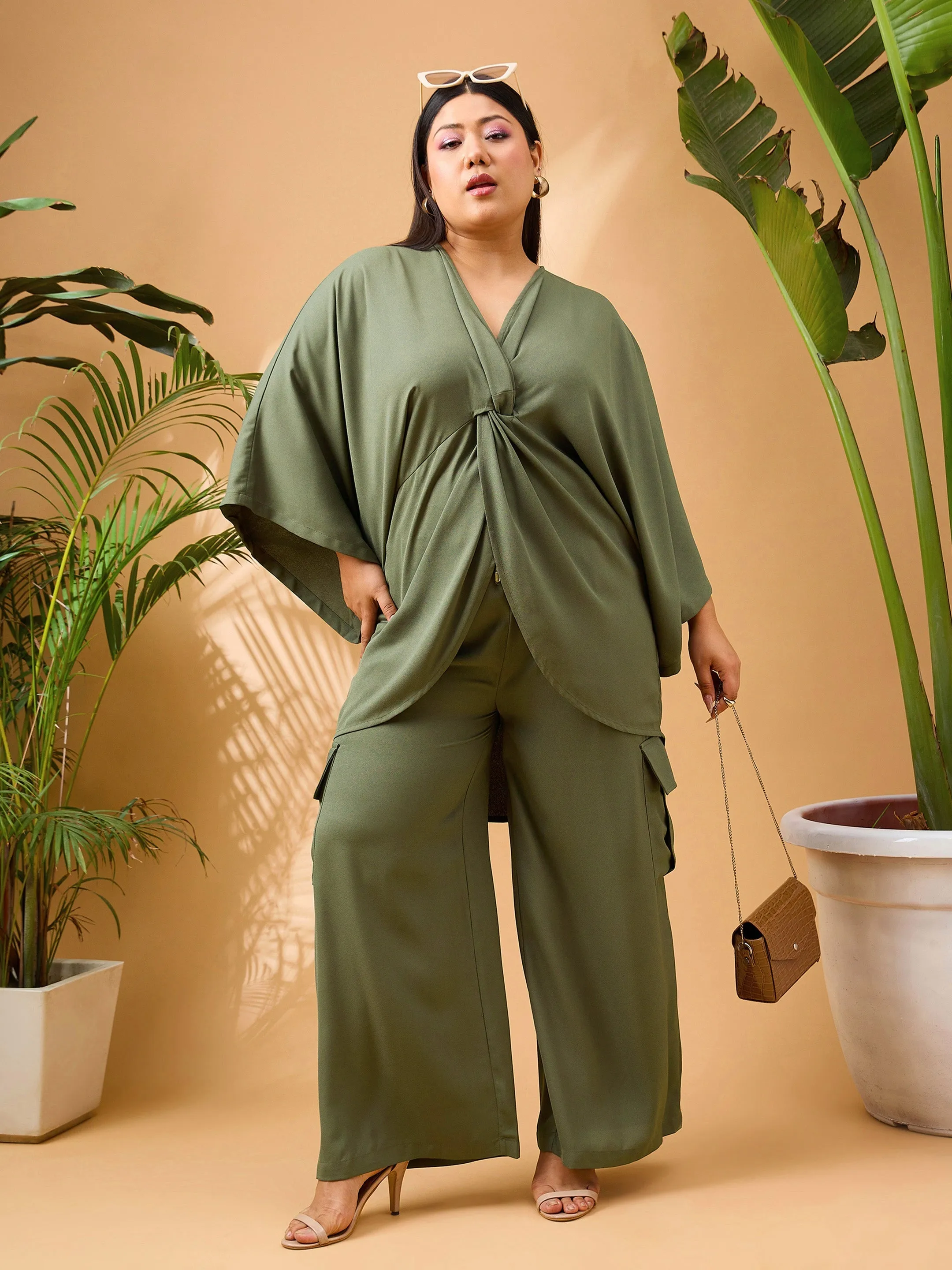 Women Olive Solid Front Knot Top With Cargo Pants