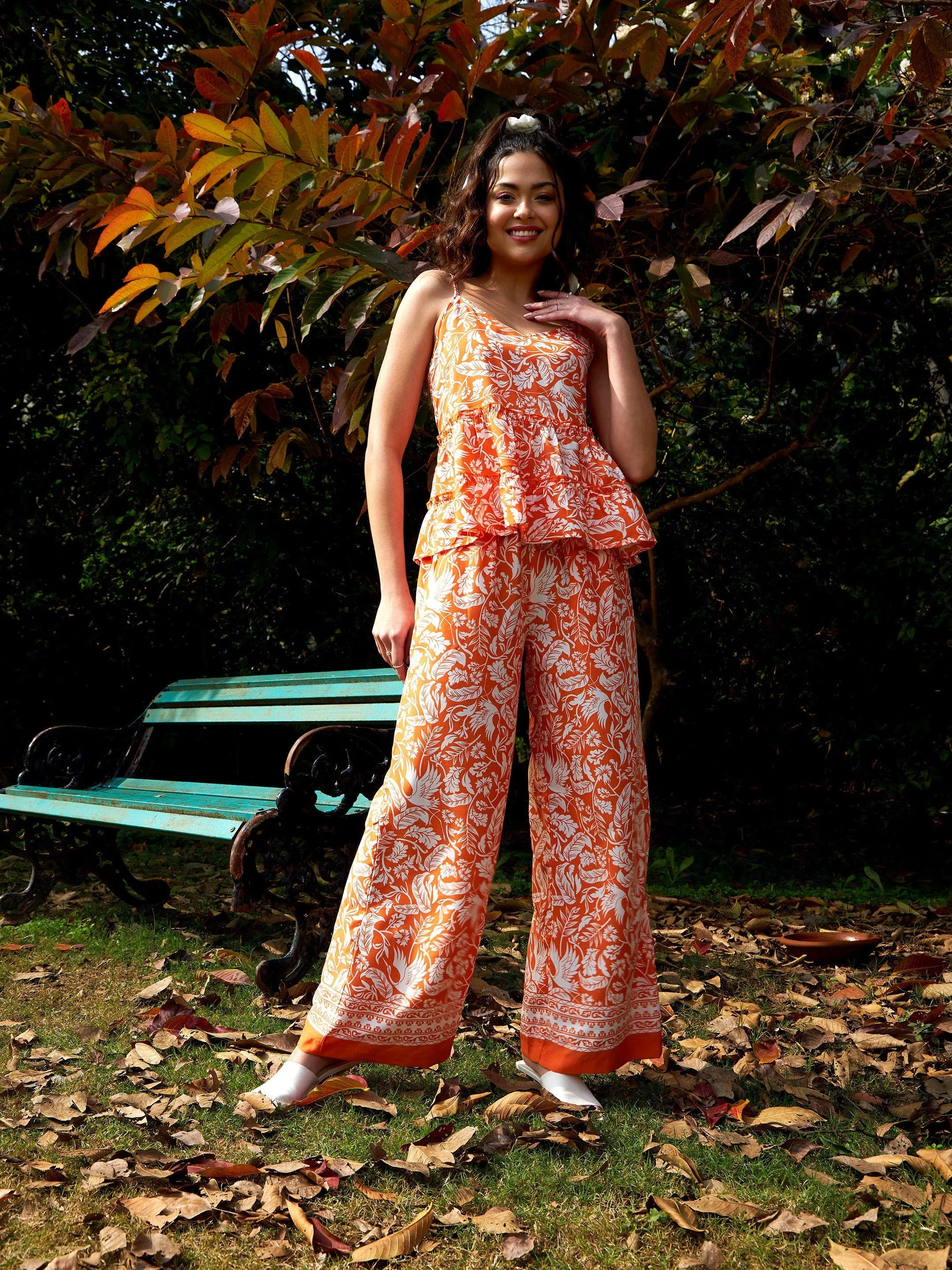 Women Orange Floral Strappy Top With Palazzos