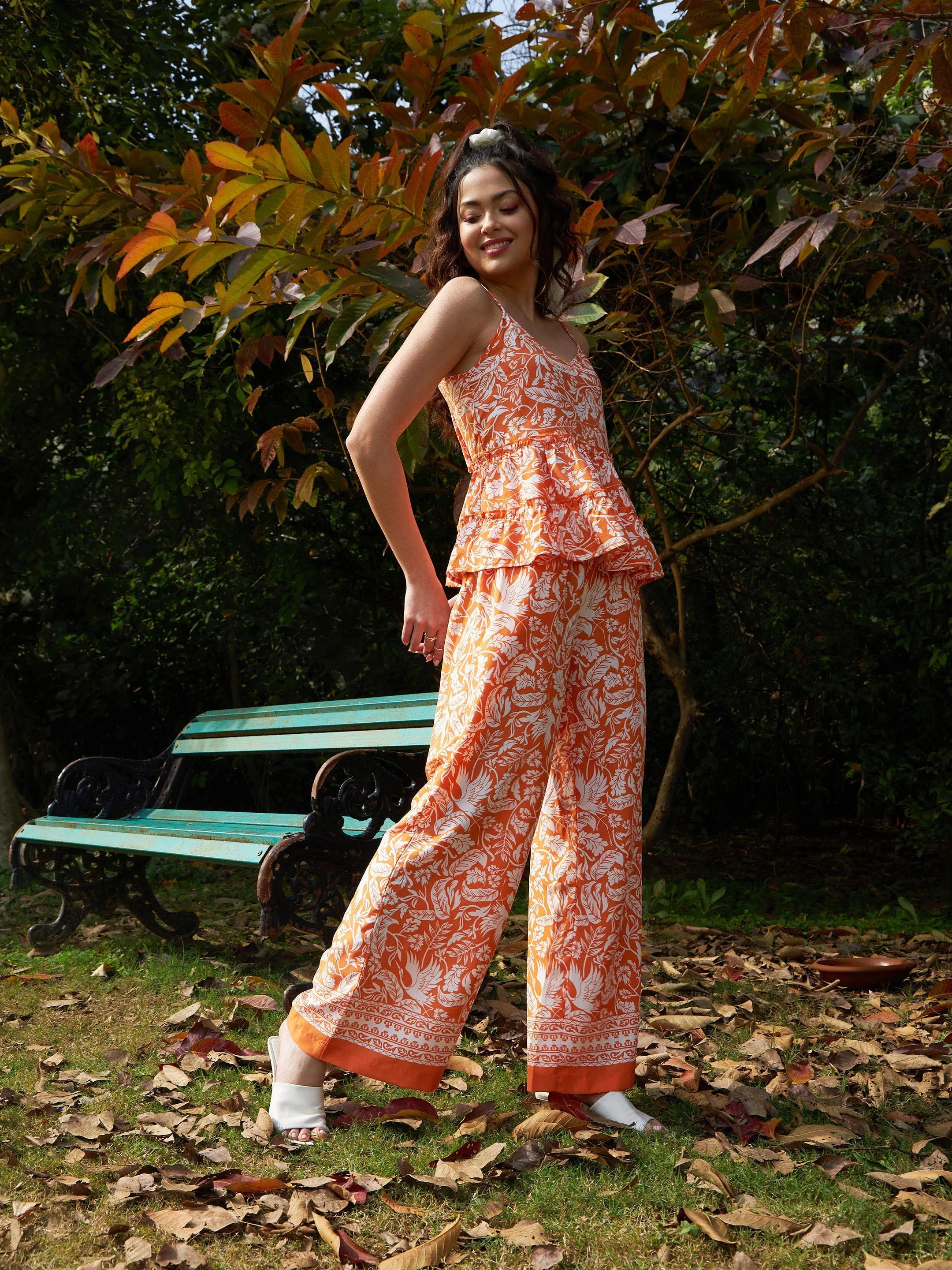 Women Orange Floral Strappy Top With Palazzos