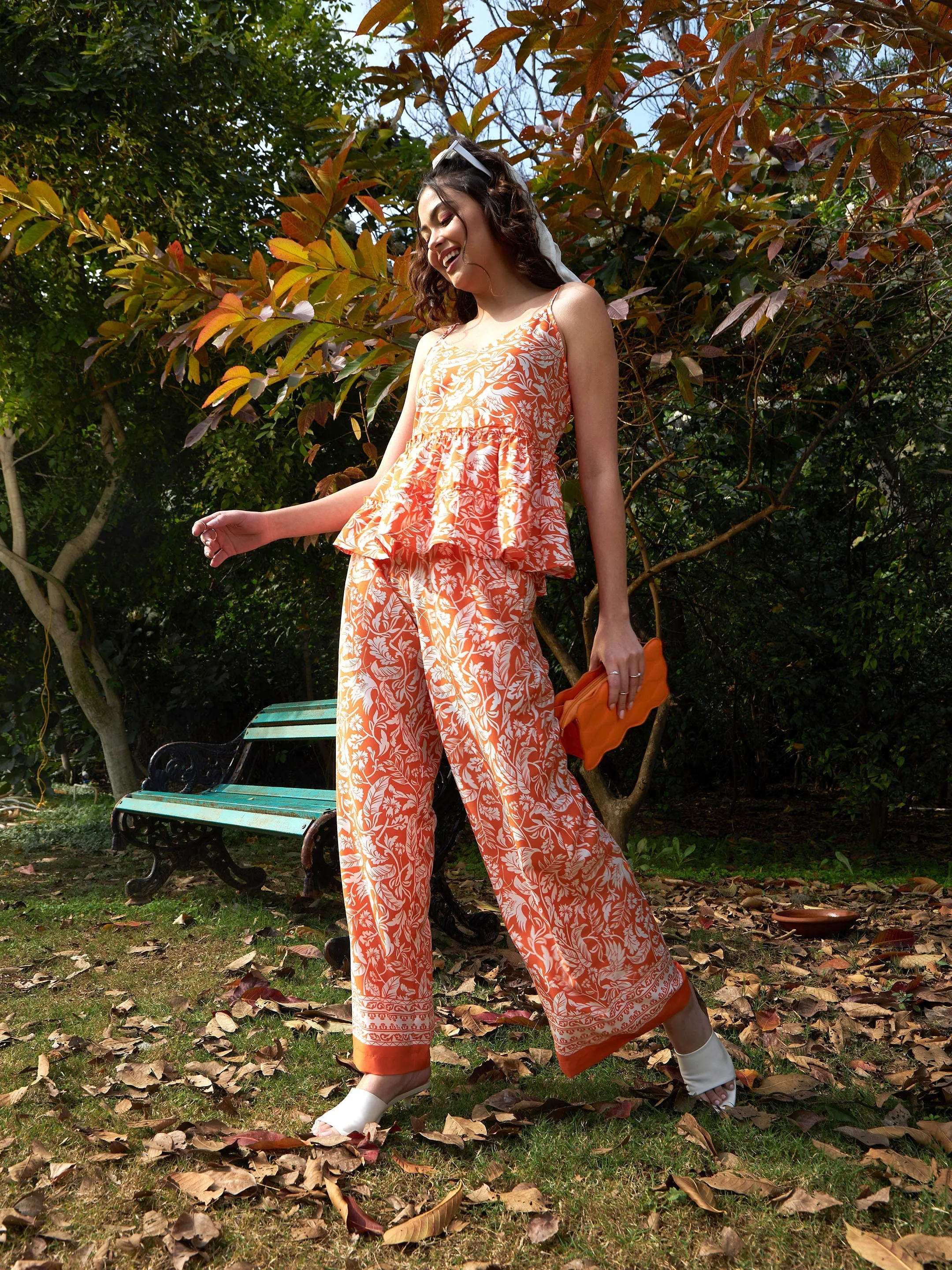 Women Orange Floral Strappy Top With Palazzos