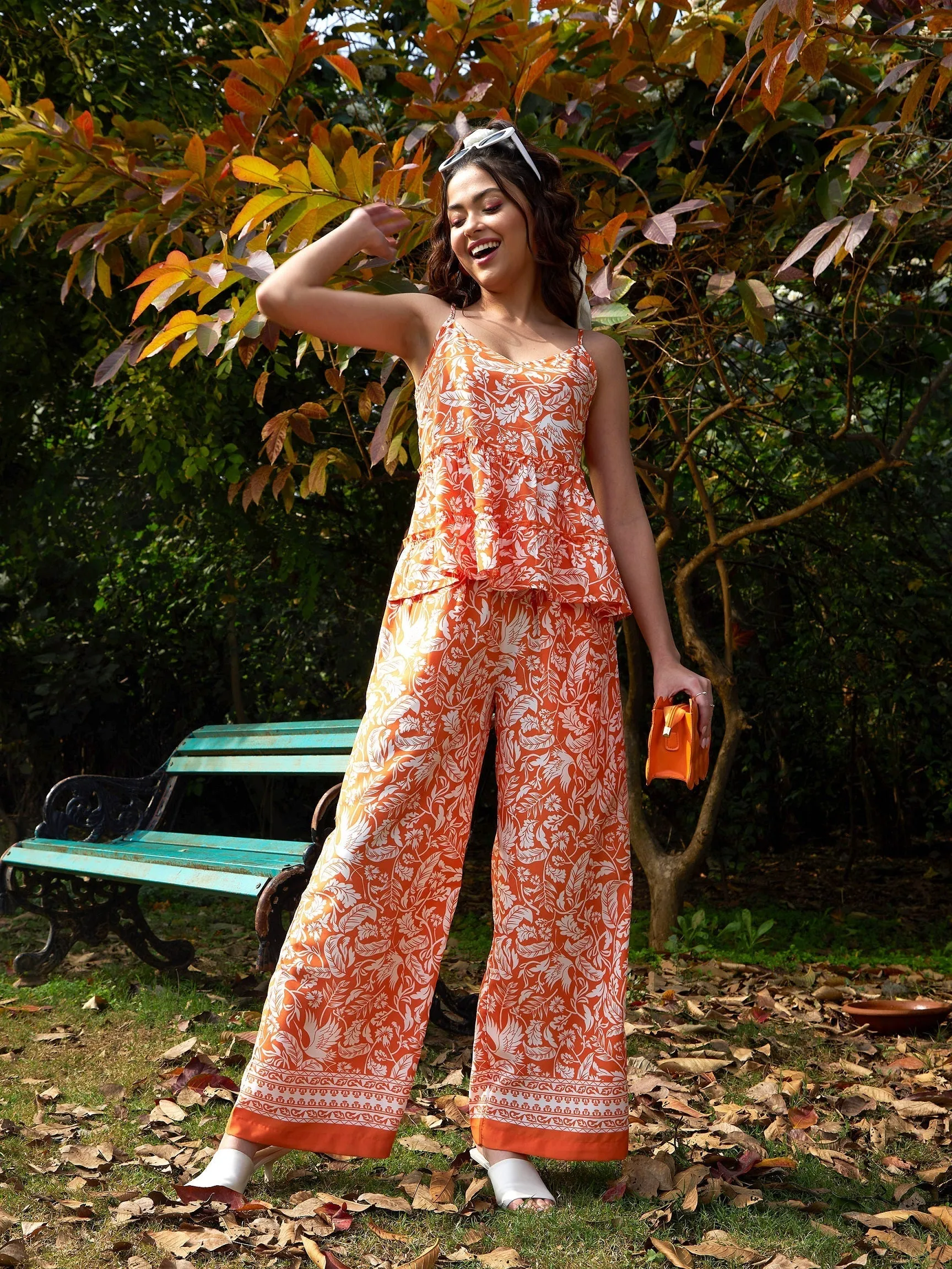 Women Orange Floral Strappy Top With Palazzos