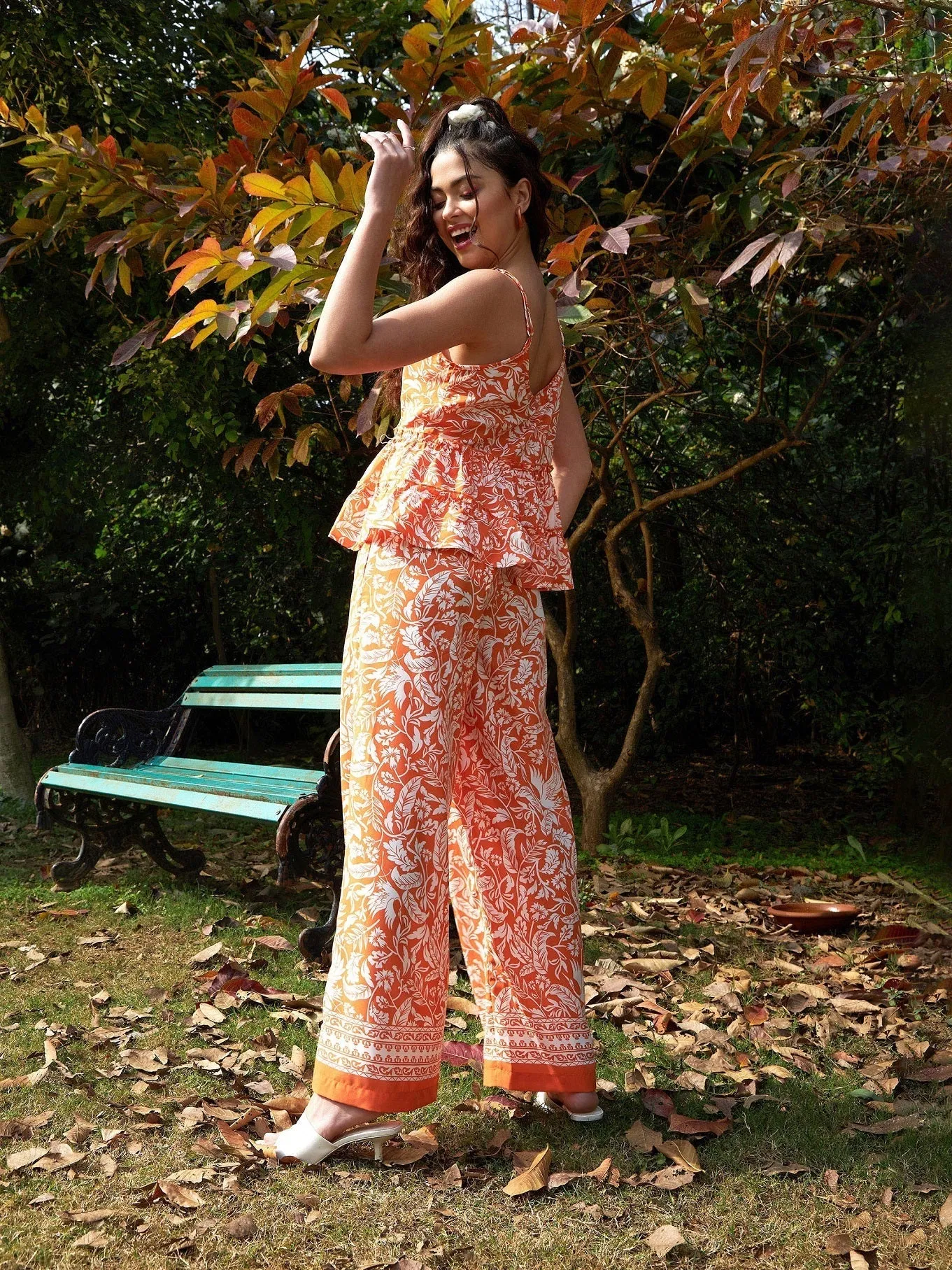 Women Orange Floral Strappy Top With Palazzos