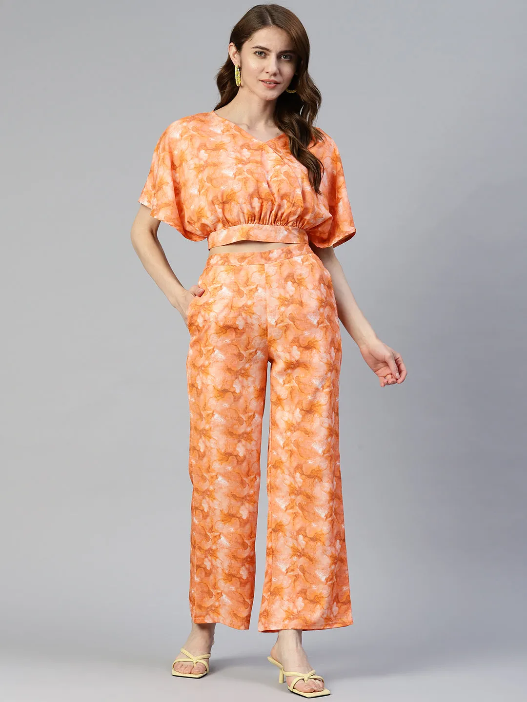 Women Orange Printed Crop Top With Palazzos