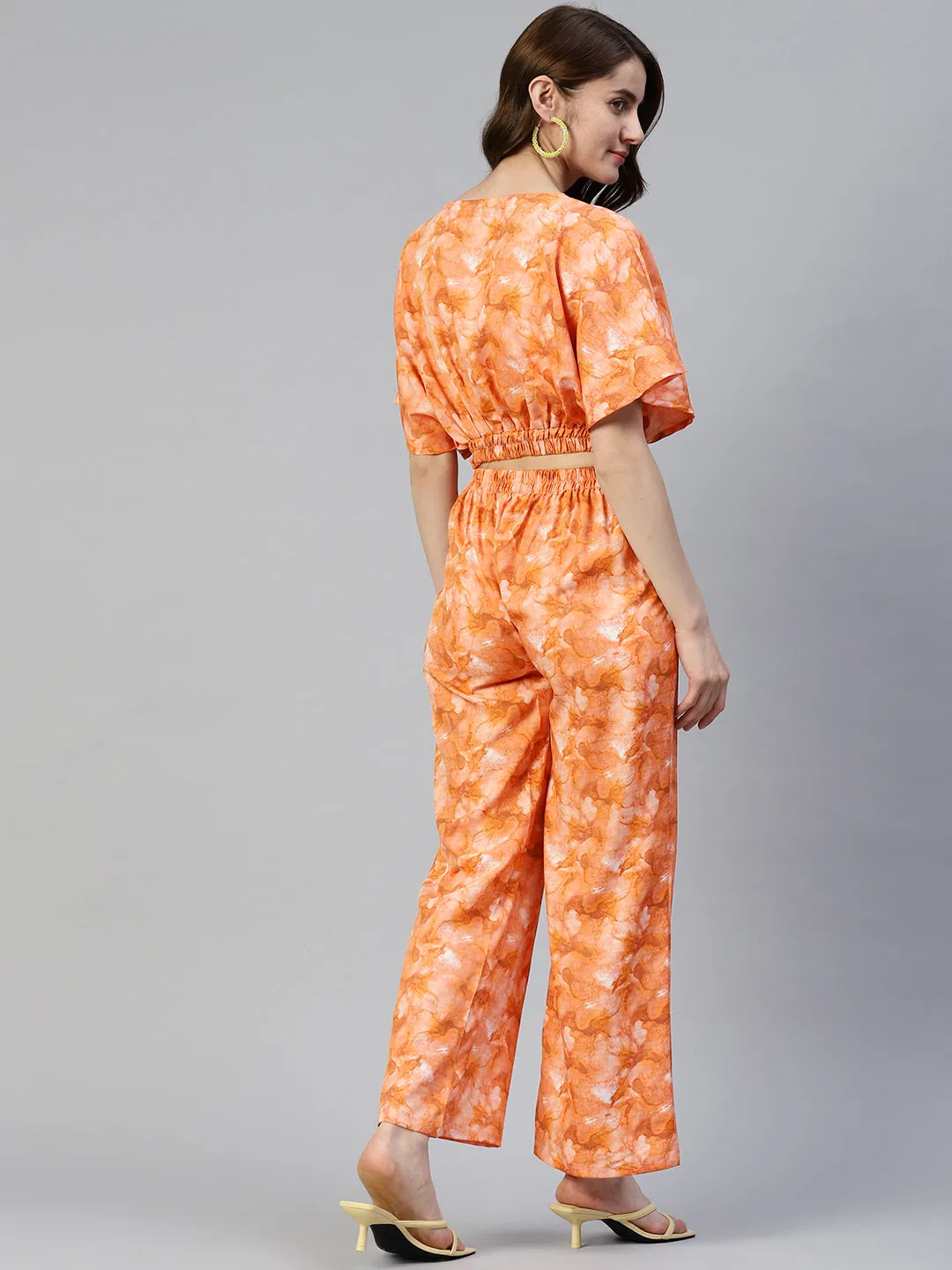 Women Orange Printed Crop Top With Palazzos