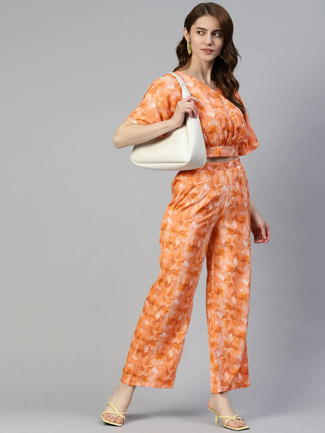 Women Orange Printed Crop Top With Palazzos