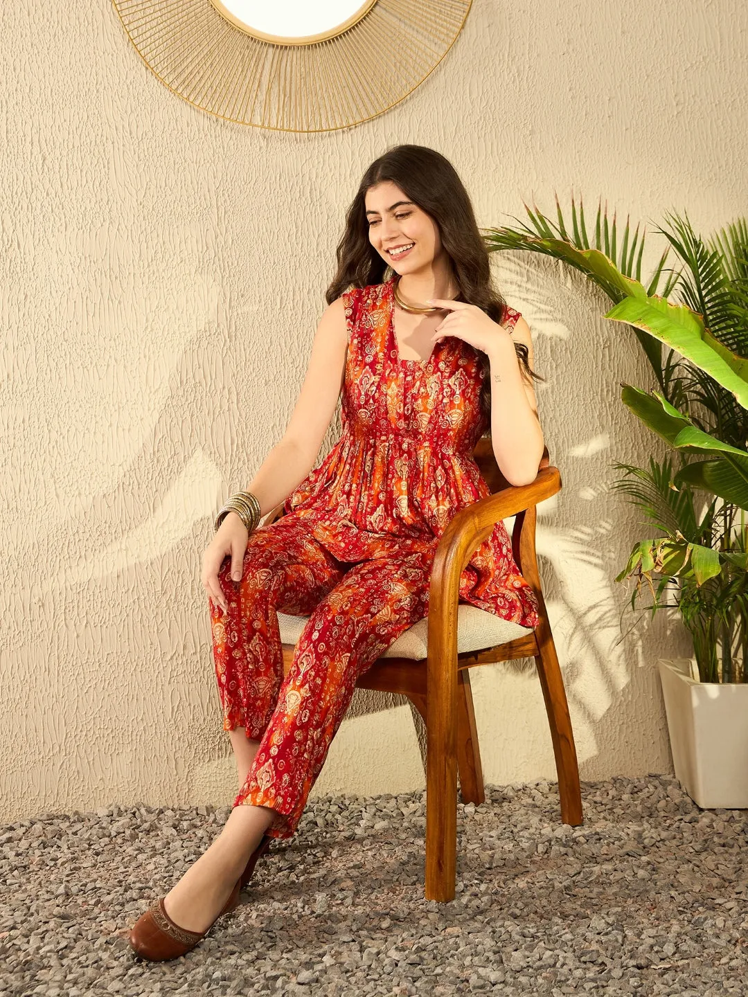 Women Orange Rayon Blend Ikat Printed Co-Ord Sets