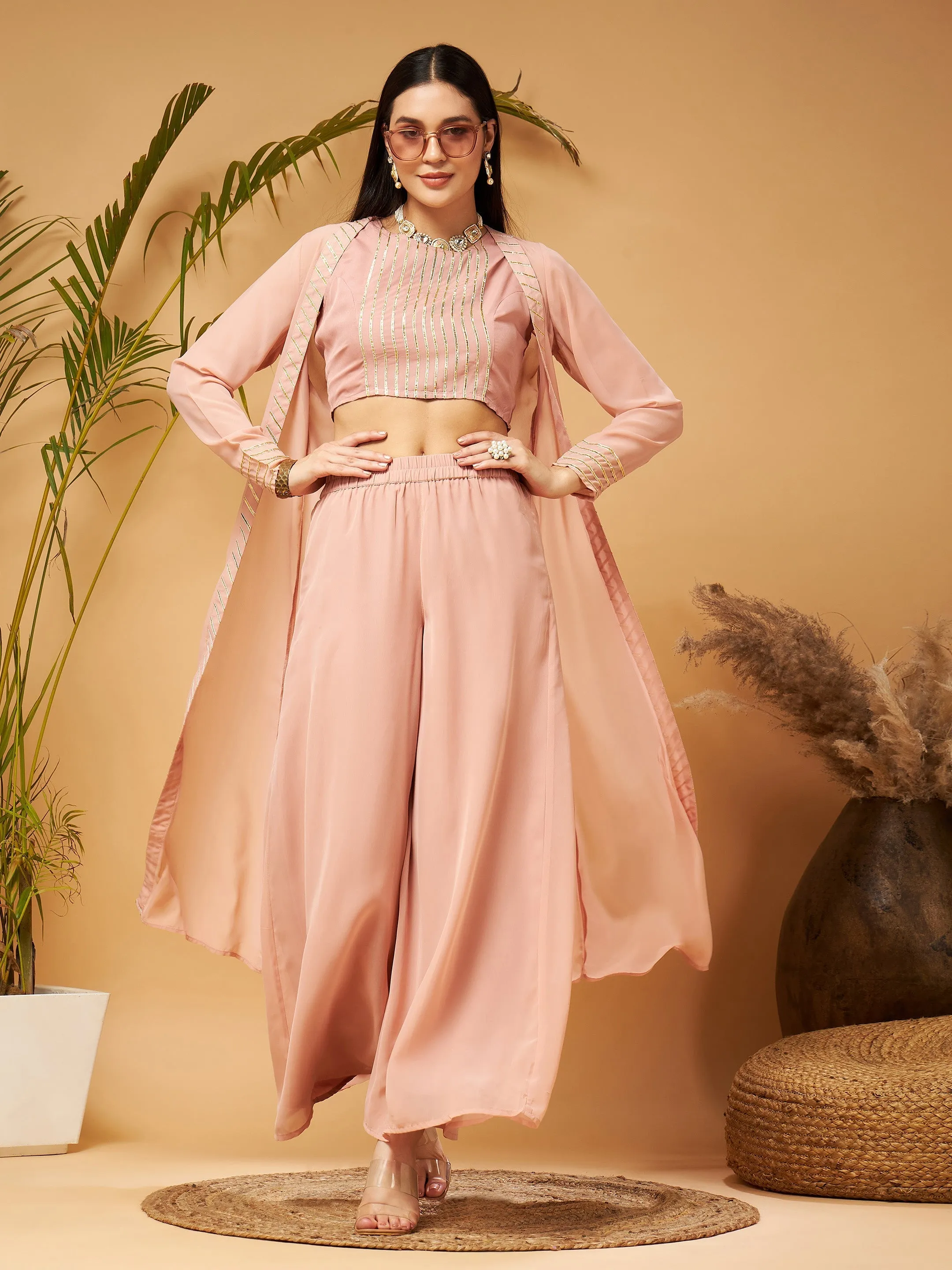 Women Peach Crop Top With A-Line Pants & Shrug