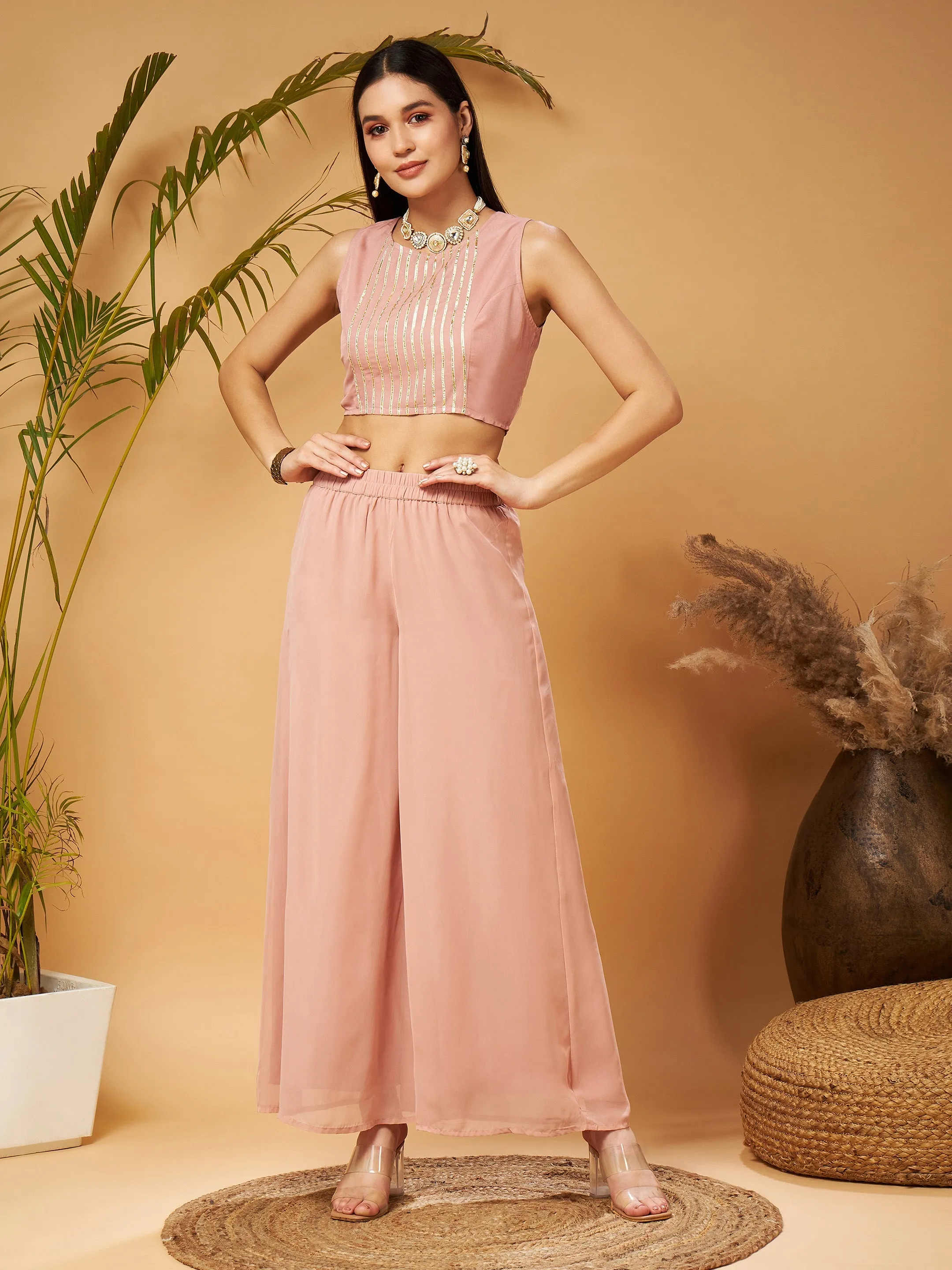 Women Peach Crop Top With A-Line Pants & Shrug