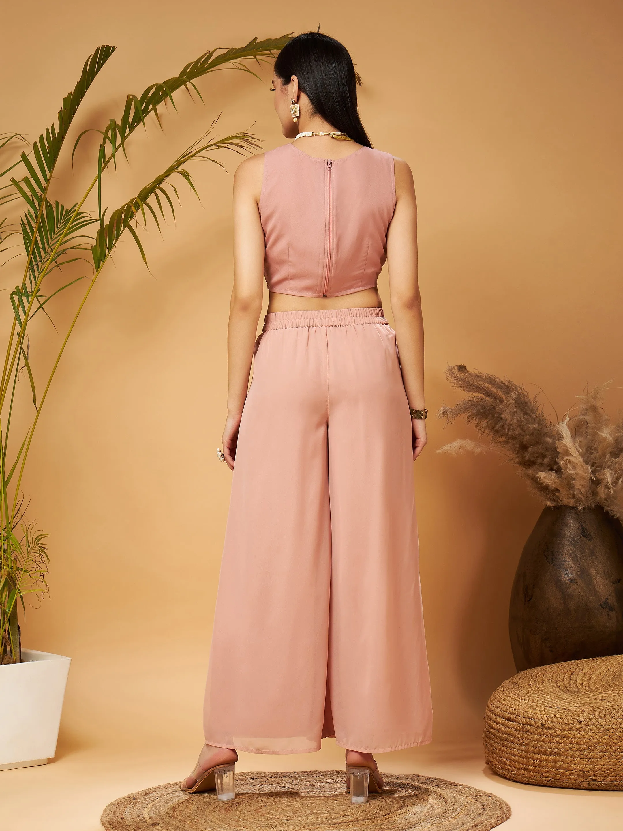 Women Peach Crop Top With A-Line Pants & Shrug