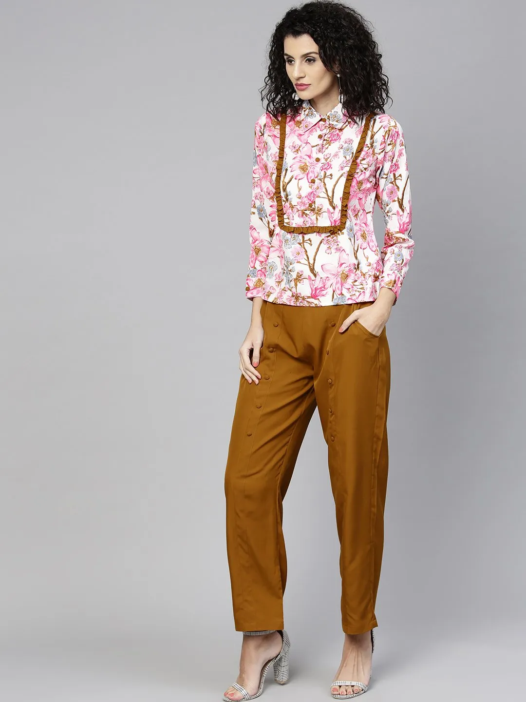 Women Pink & Mustard Yellow Printed Top With Trousers