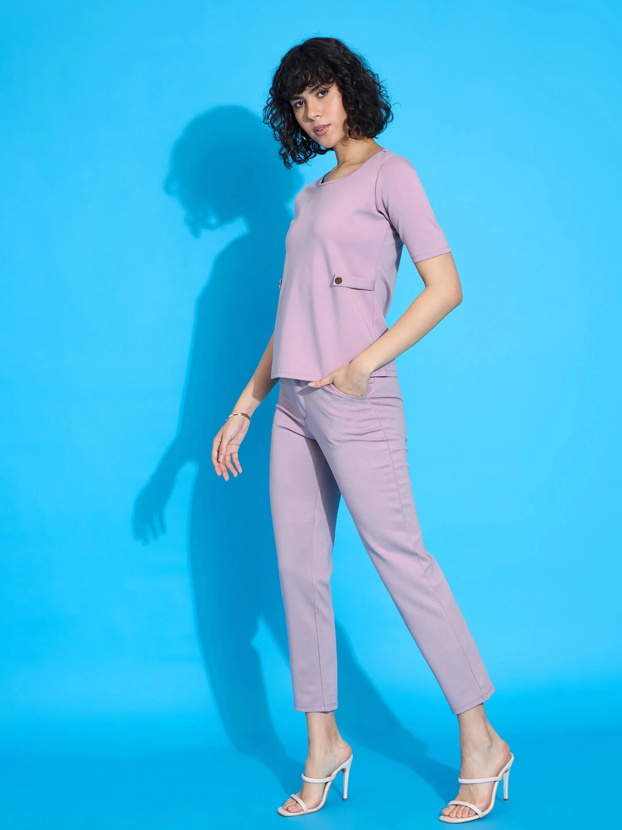 Women Pink Half Sleeves Top With Tapered Pants