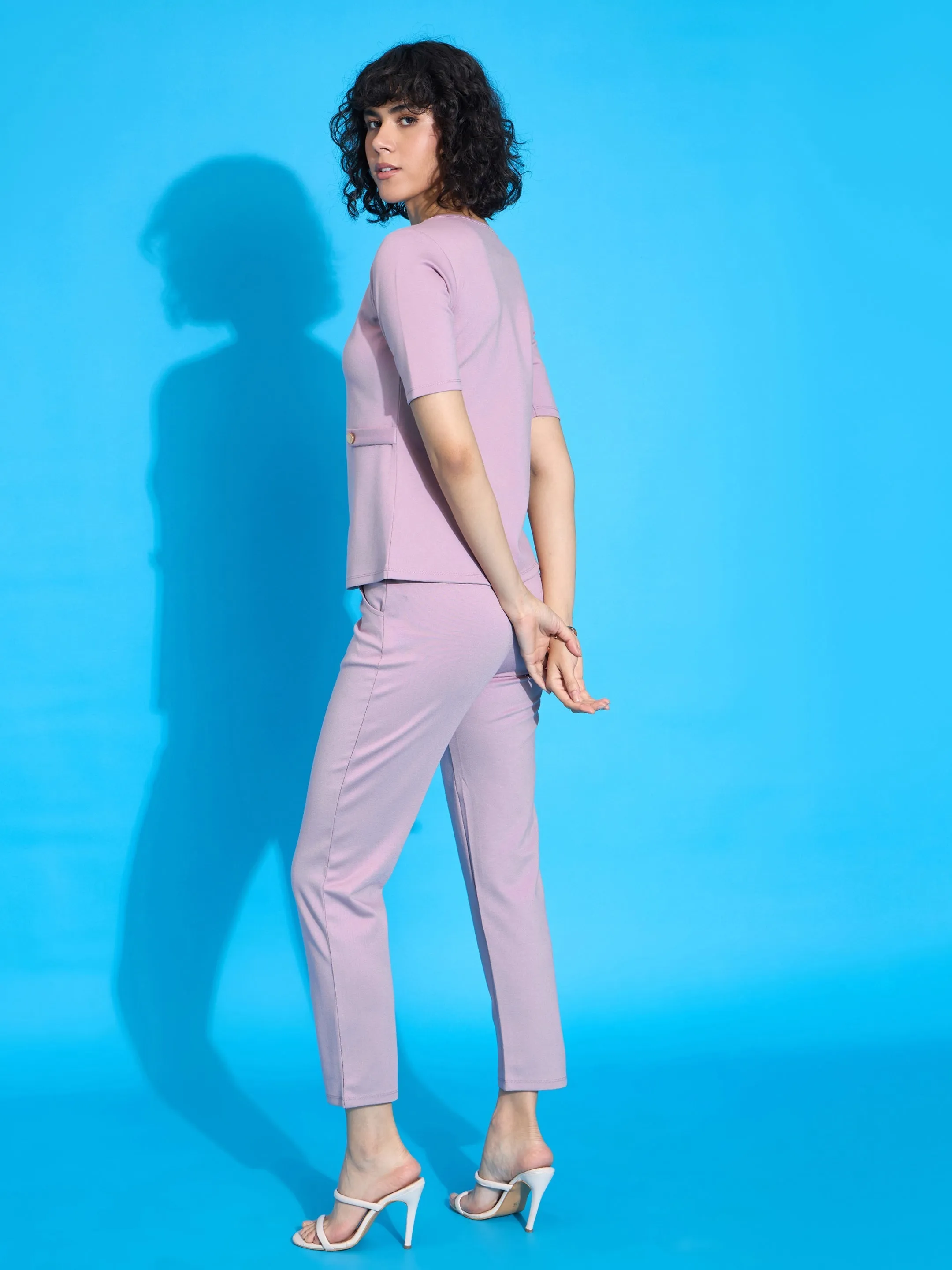 Women Pink Half Sleeves Top With Tapered Pants