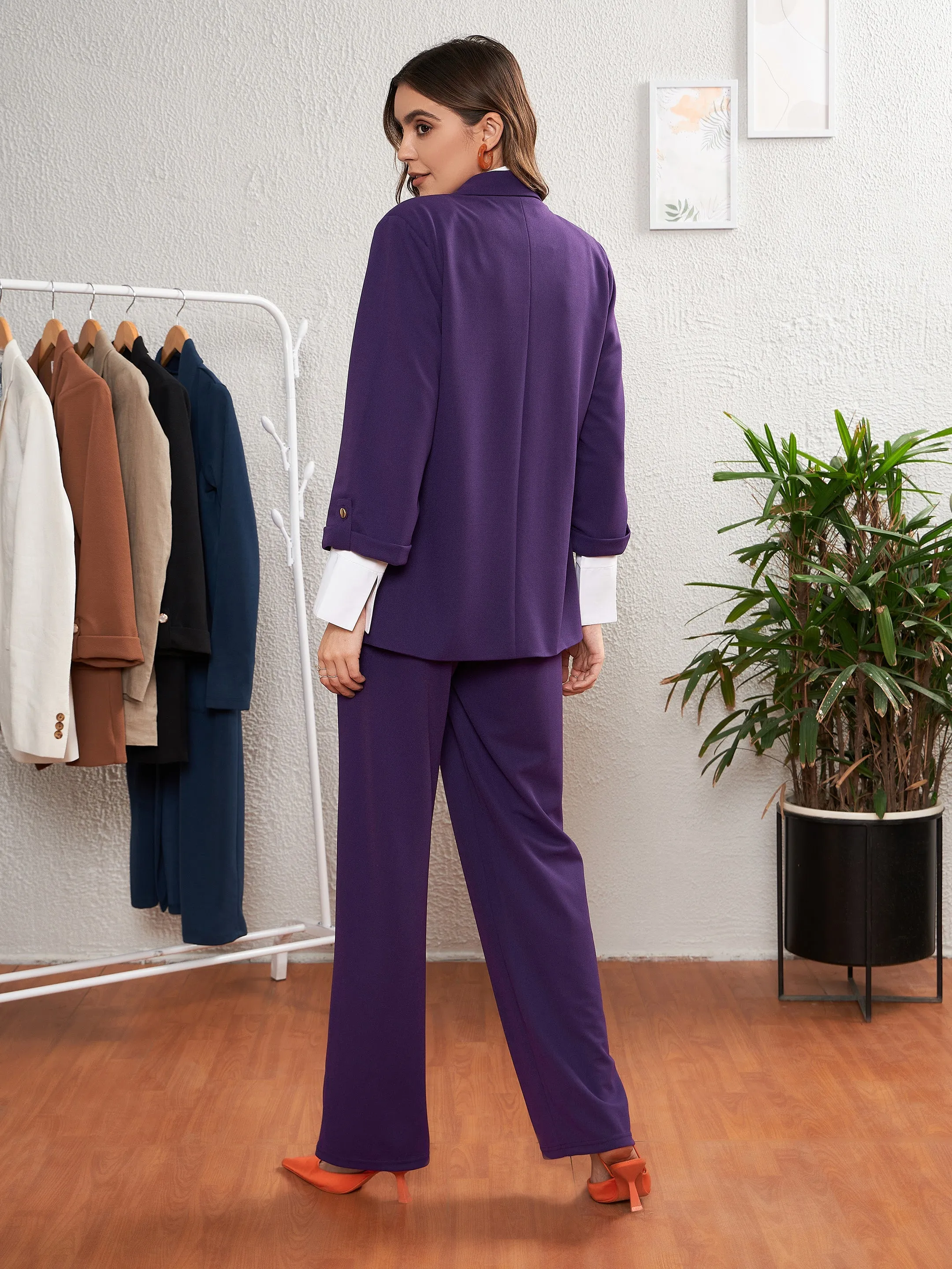 Women Purple Longline Blazer With Darted Pants