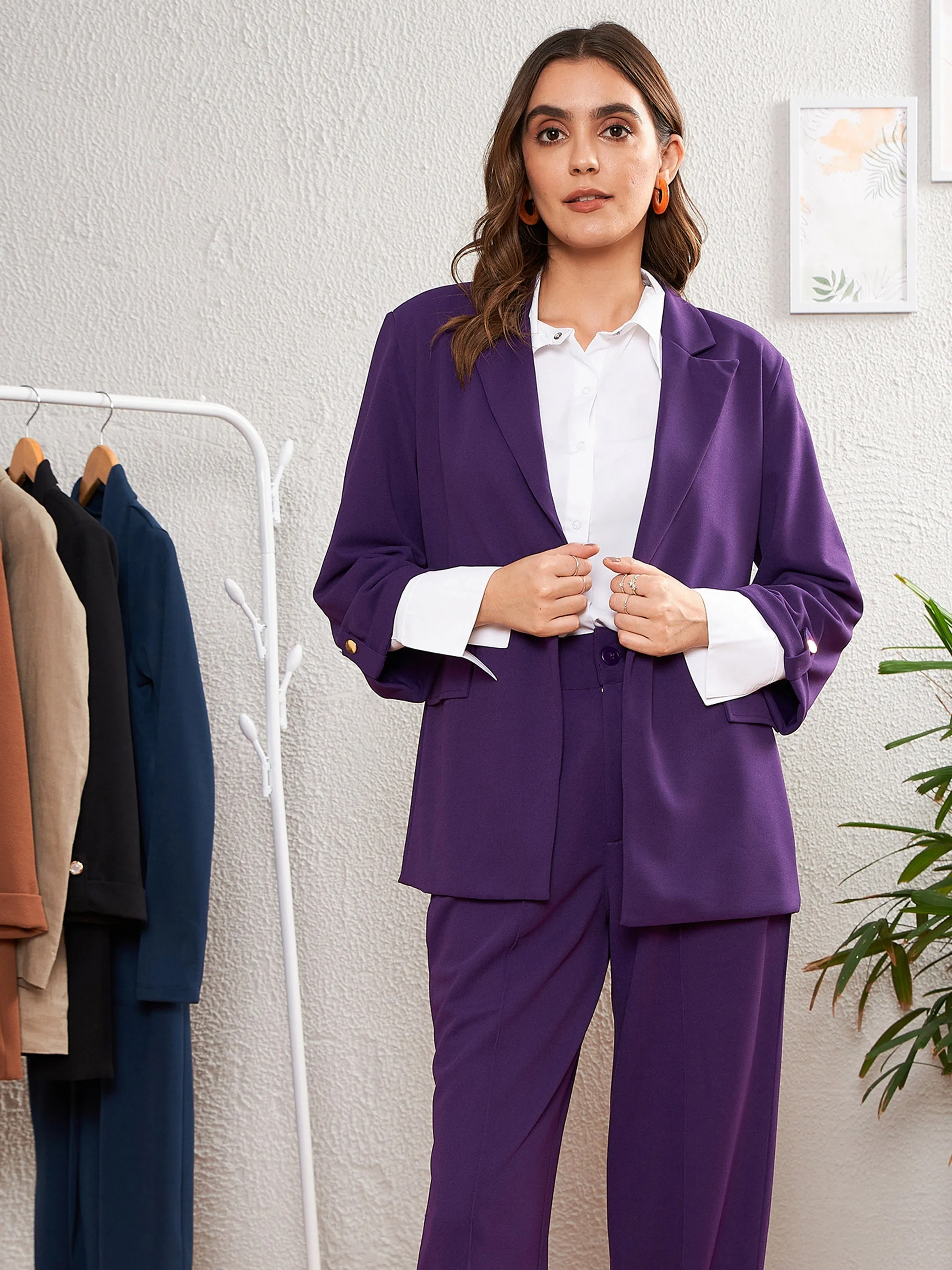 Women Purple Longline Blazer With Darted Pants