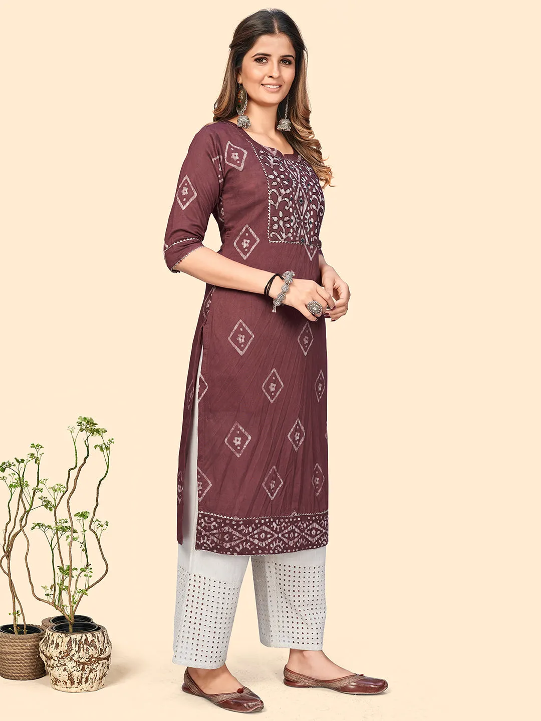 Women'S Batik Print & Mirror Straight Chanderi Pink Stitched Kurta With Dupatta