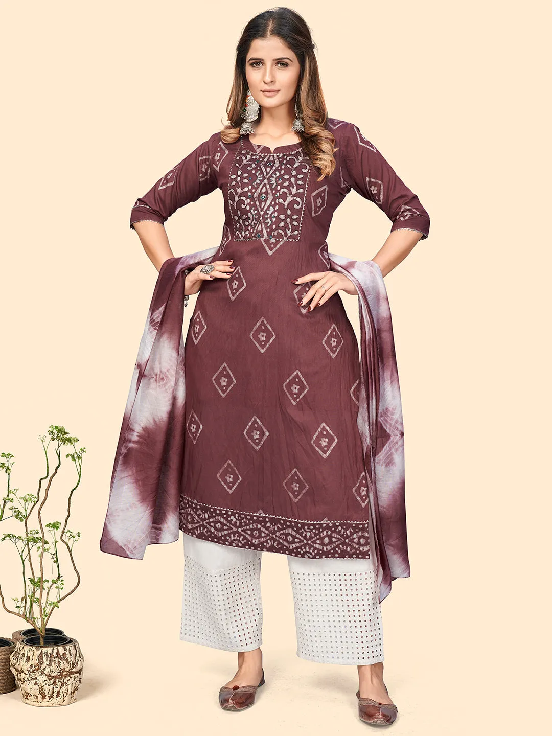 Women'S Batik Print & Mirror Straight Chanderi Pink Stitched Kurta With Dupatta