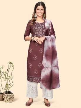 Women'S Batik Print & Mirror Straight Chanderi Pink Stitched Kurta With Dupatta